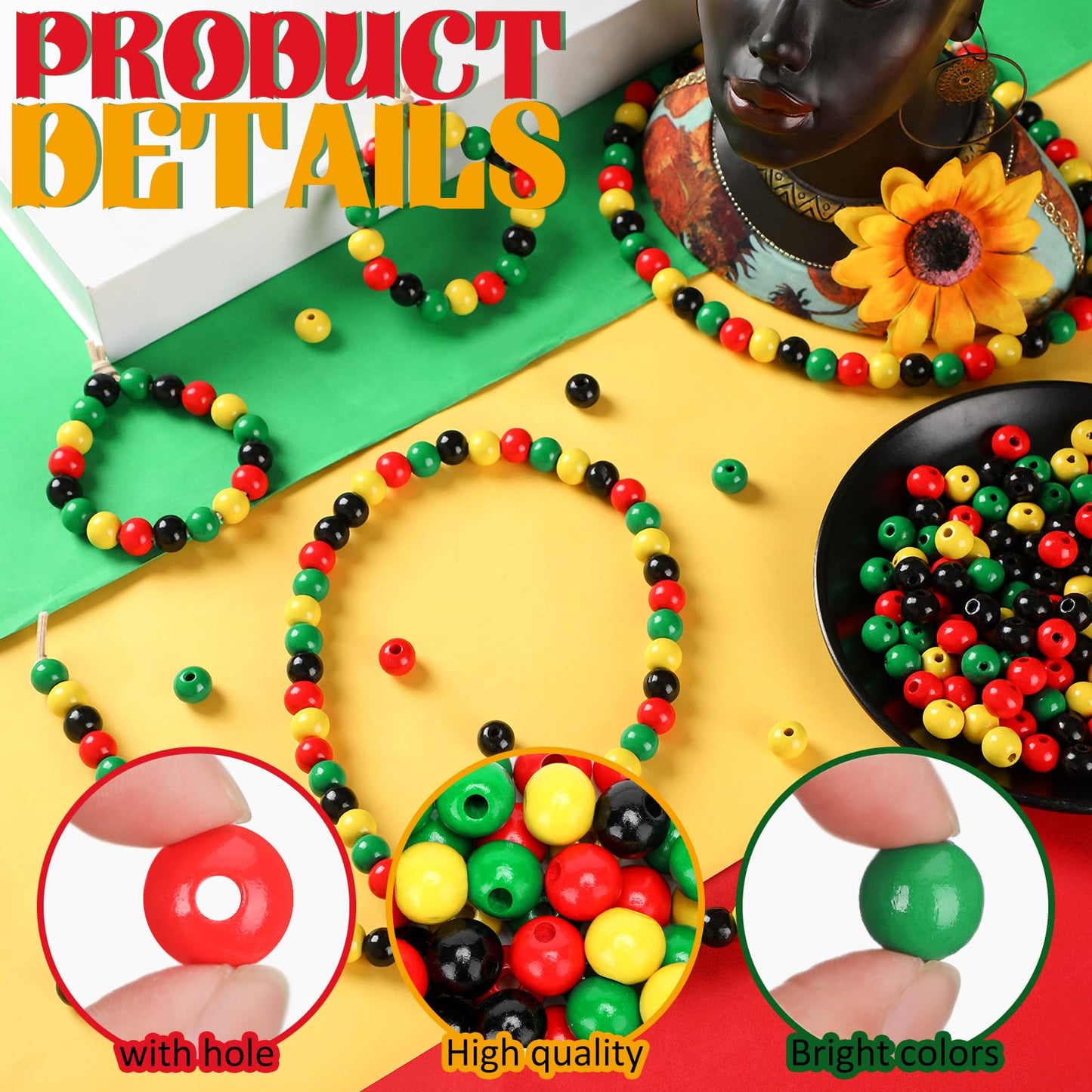 Knitgrip 300 Pcs Juneteenth Wooden Beads Black Red Green Yellow Wood Beads Ornament with Hemp Rope African American Juneteenth Freedom for Party DIY Crafts Jewelry Bracelets Keychain Making
