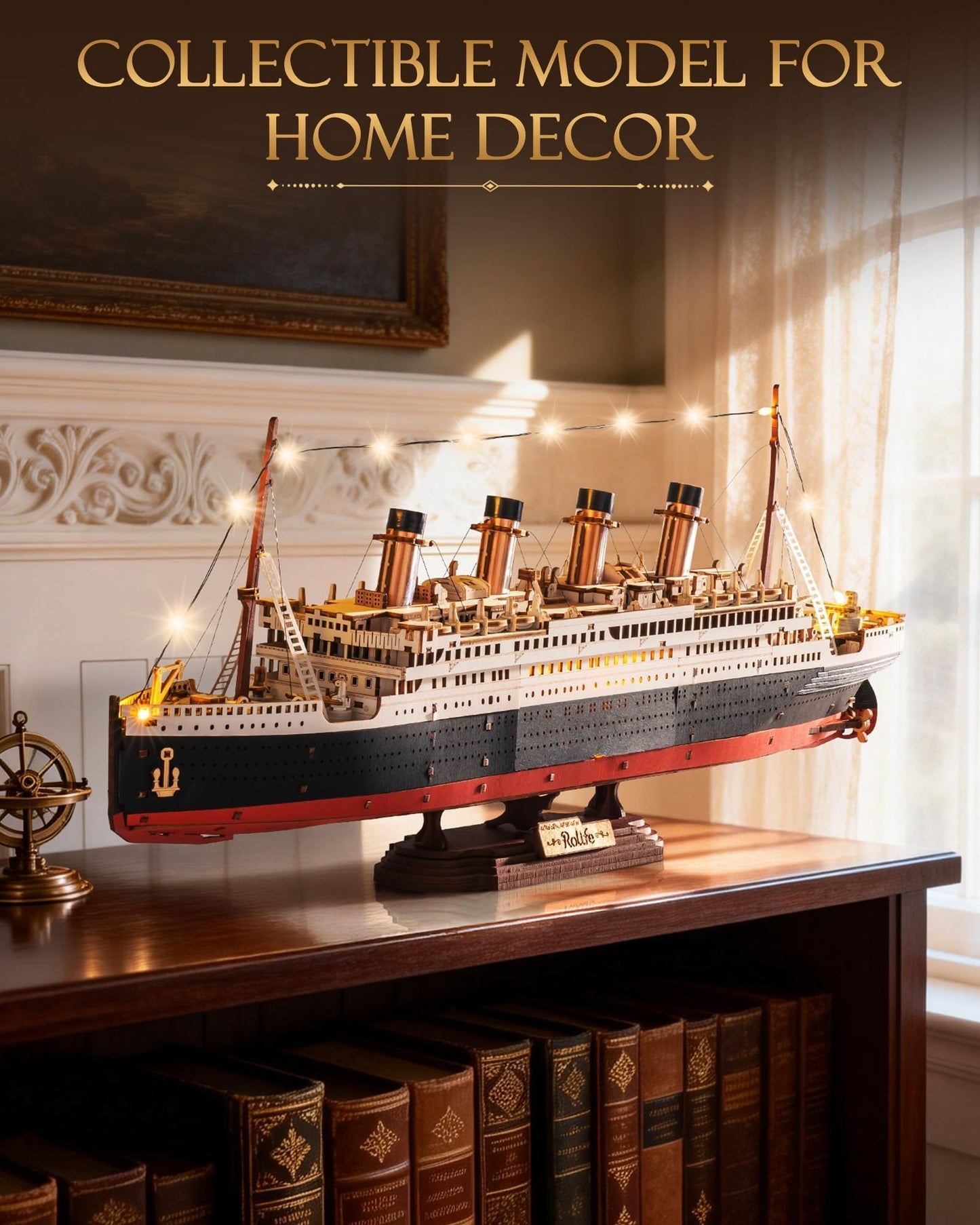 Rolife 3D Wooden Puzzles for Adults with LED Lights, 433 Pieces 19.5" Titanic Model Ship Kits for Adults, DIY Craft for Home Decor & Unique Birthday Valentine's Day Gift