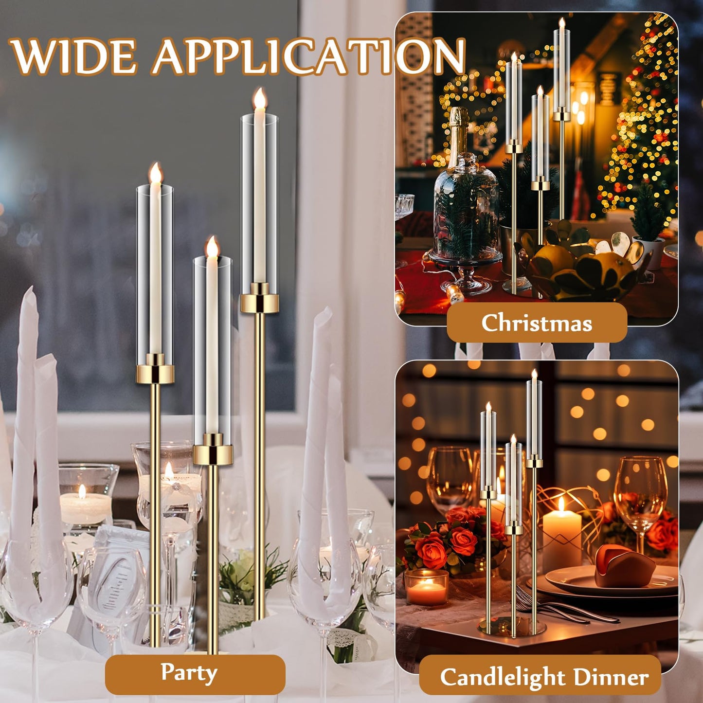 Layhit 6 Set Wedding Gold Candelabra Centerpieces for Tables, 3 Arm Tall Acrylic Candle Holder Centerpiece with Clear Shades for Reception, Party, Dining Decor, Anniversary, Fits 0.87" LED Candles"