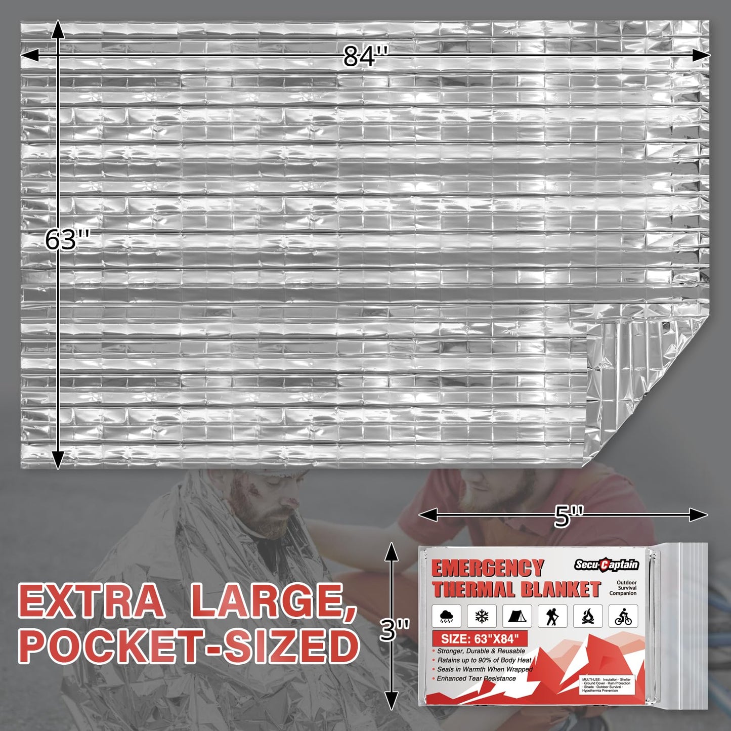 SecuCaptain Survival Emergency Thermal Blankets: 75 Pack Extra Large 84” x63” Space Mylar Blanket Kit for Outdoor Cold Winter Camping Hiking Car Bug Out Bag or First Aid