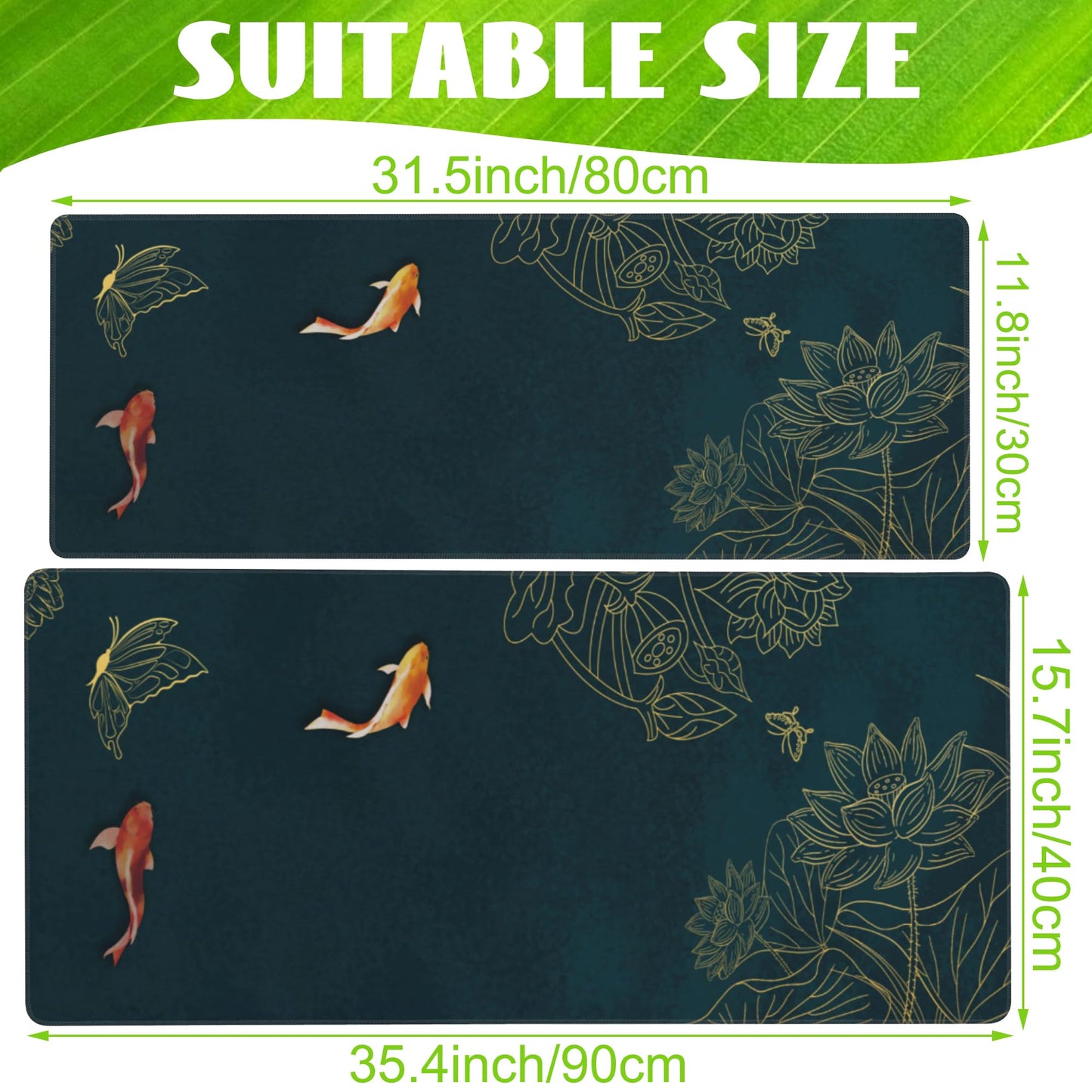 Eflxamz Large Gaming Mouse Pad, Koi Fish Ink Painting Desk Mat, Golden Line Lotus Desk Pad, Extended Big Computer Keyboard Mouse Pad with Non-Slip Base and Stitched Edge, 31.5"x11.8"
