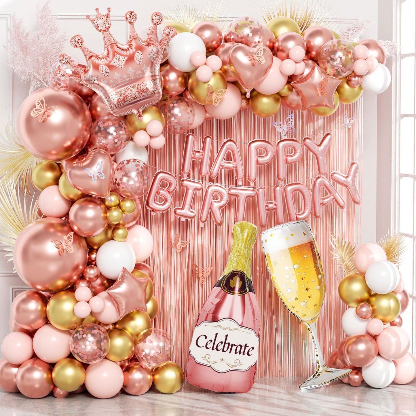 Rose Gold Birthday Decorations for Women, Happy Birthday Decorations with Fringe Curtains, Butterfly Decorations,Rose Gold Balloon Arch Kit for 16th 21st 25 30 40 50th Birthday Decor