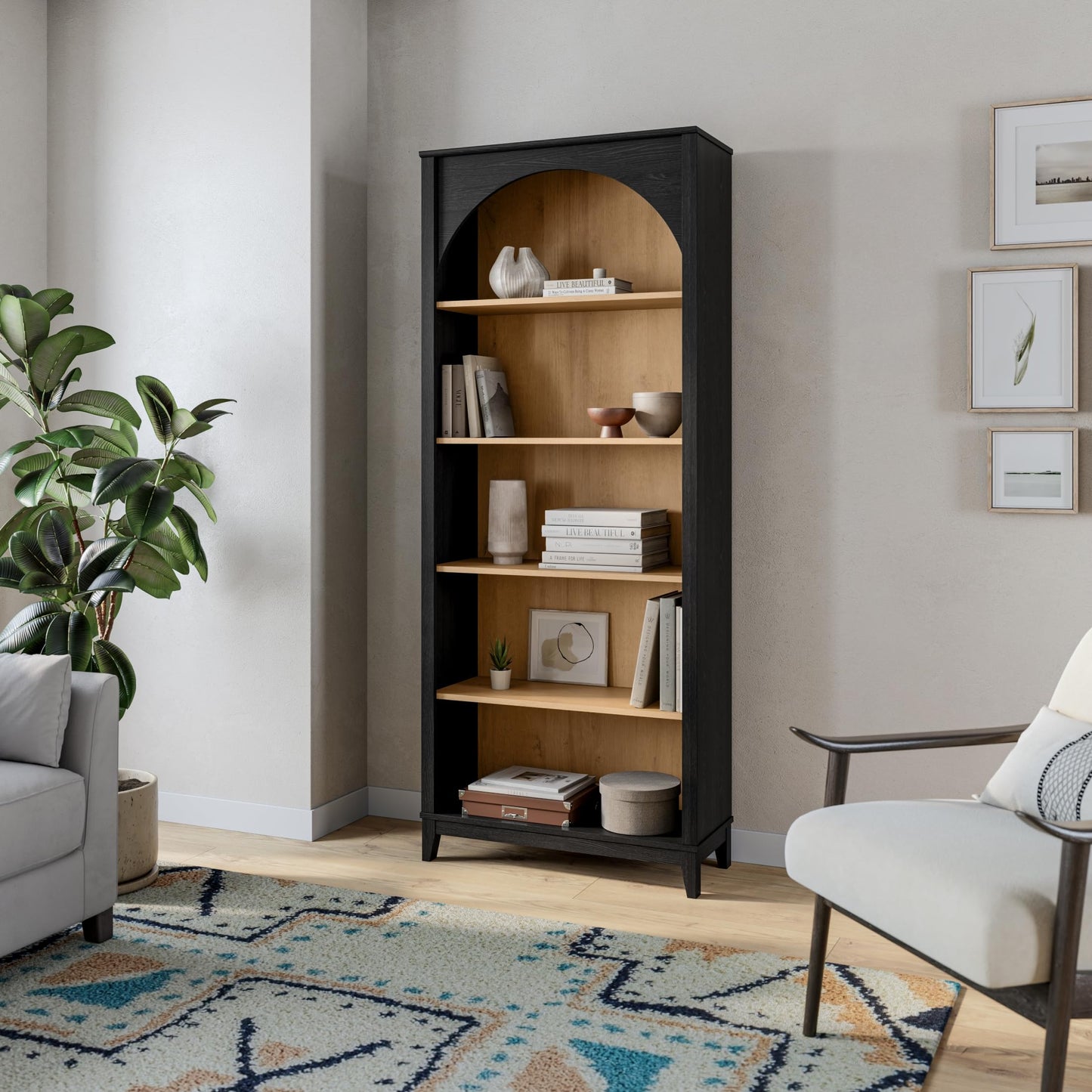 Prepac Ark 78" Tall 5-Tier Arched Bookcase, Black Oak with Oak Finish Interior, Modern Storage Accent Bookshelf with 3 Adjustable Shelves for Home, Office, Living Room, Bedroom