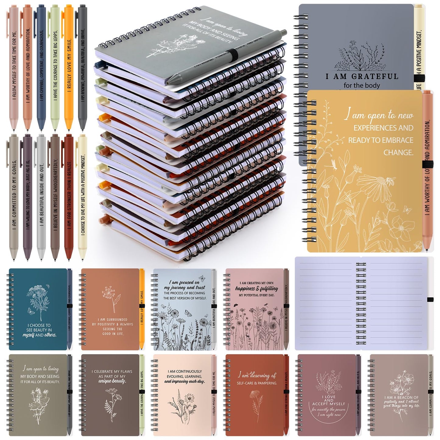 Kosiz 24 Pcs/12 Set Positive Affirmation Gifts Bulk for Women Gratitude Spiral Journals with Pens Motivational Notebooks Mothers Day Gifts for Mom Employee Coworker Teacher Nurse Volunteer (Vibrant)