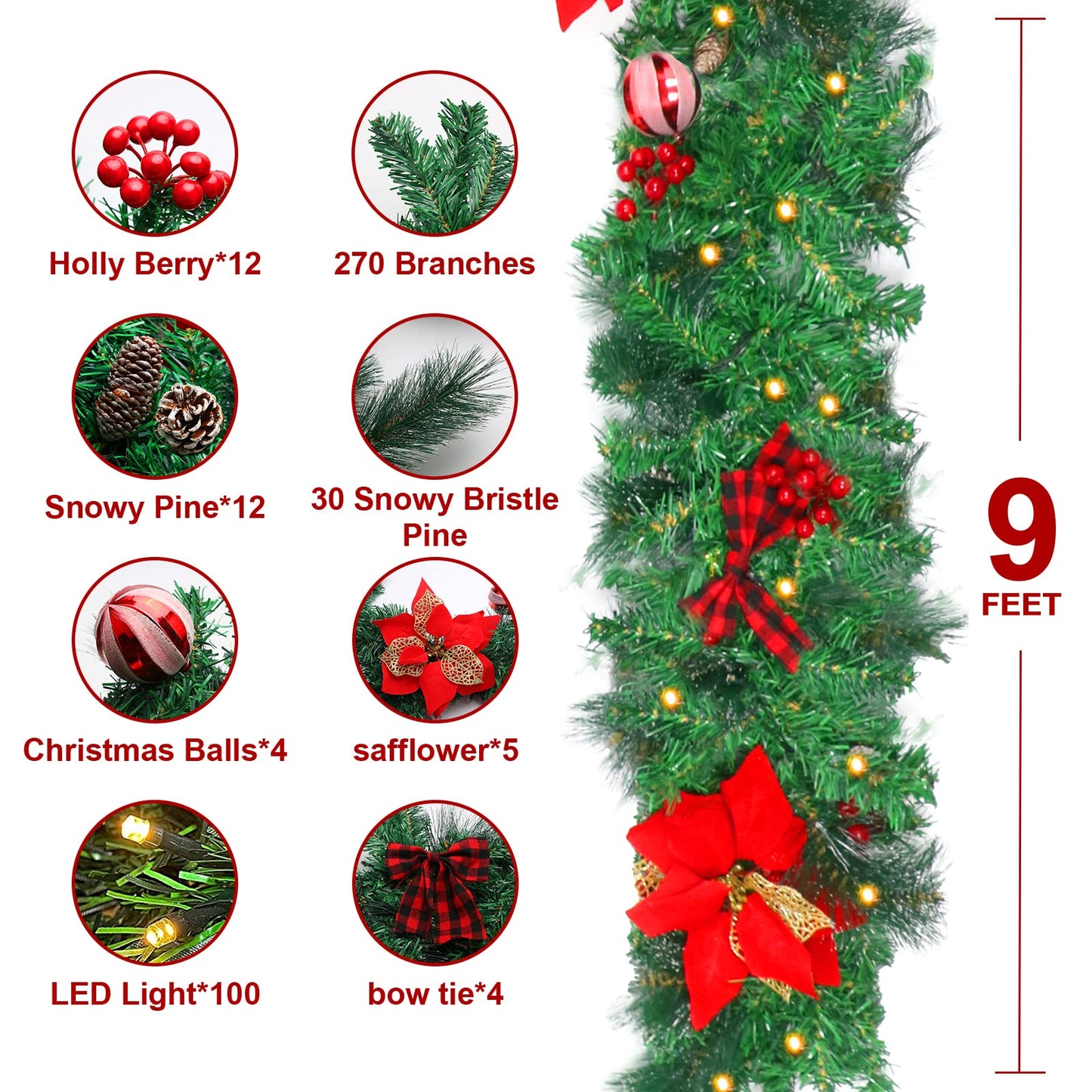 9FT Christmas Garland with 100 Lights Battery Operated,Artificial Prelit Garlands with Red Balls,Pine Cones,Cedar Branches,Christmas Decorations for Stairs Outdoor Indoor Holiday Home Fireplace Decor