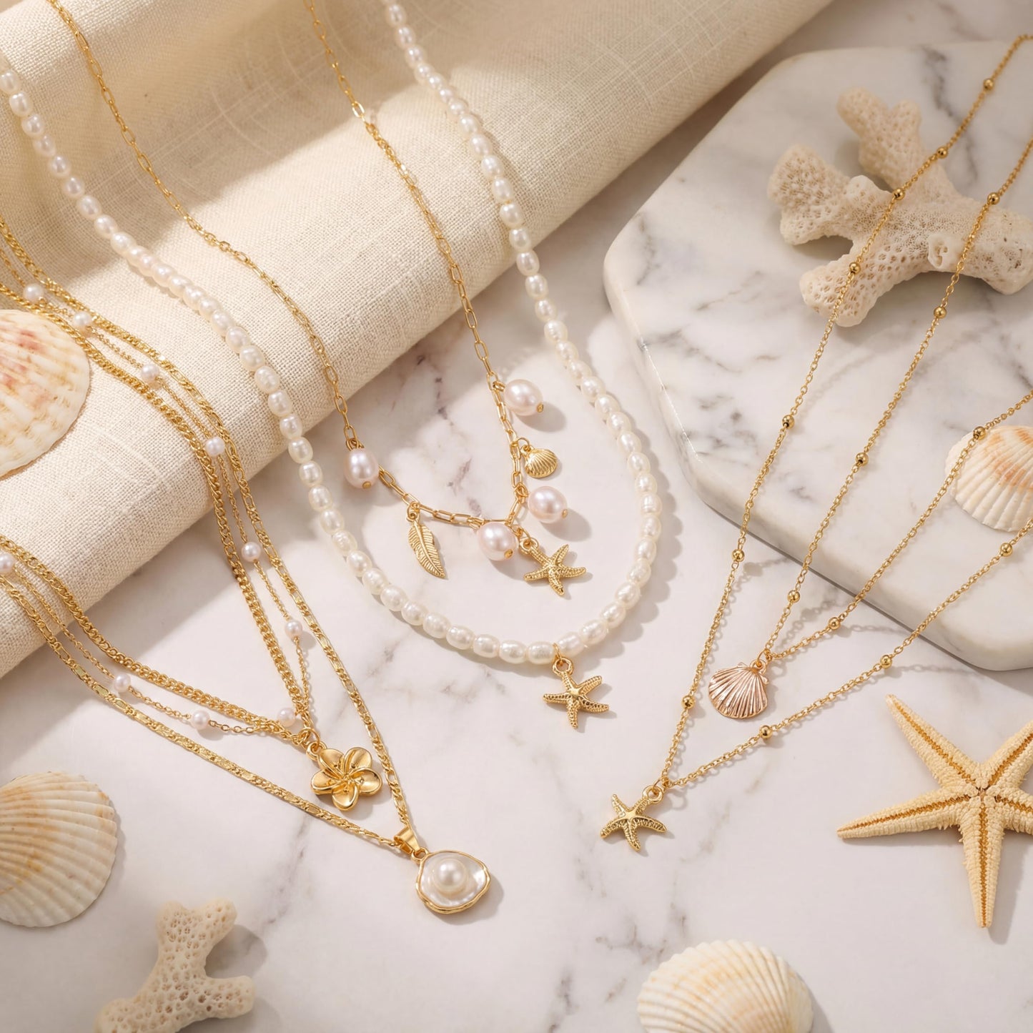 Unittype 9 Pcs Shell Necklace for Women Summer Beach Jewelry Pearl Choker Gold Sea Shell Scallop Starfish Necklaces Ocean Tropical Vacation Necklaces Beach Charm Jewelry Gift Set for Teens Girls