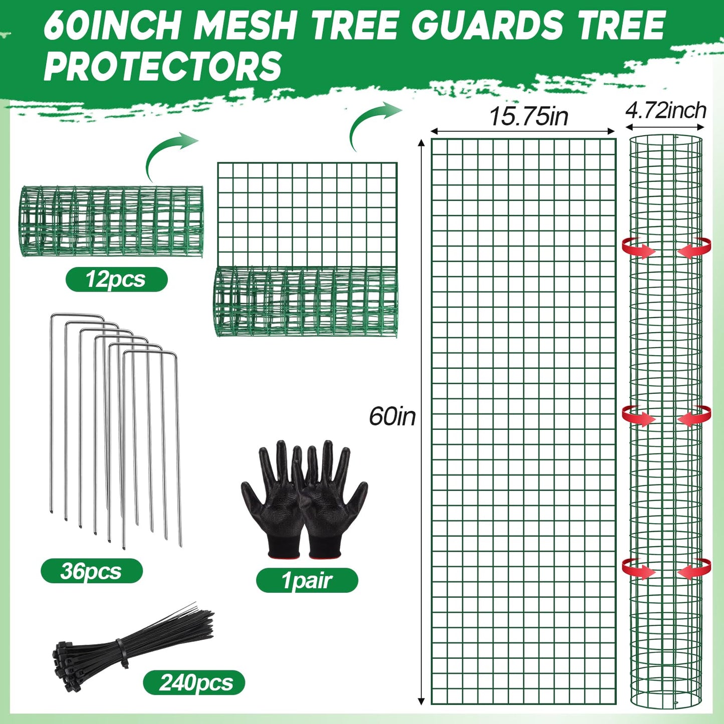 ElaraBerry 12 Pack 60" Metal Tree Trunk Protectors Heavy Duty Mesh Tree Guards Expandable Trunk Protector Guard with Zip Ties, Stakes & Gloves for Saplings, Trees, Gardens and Landscapes