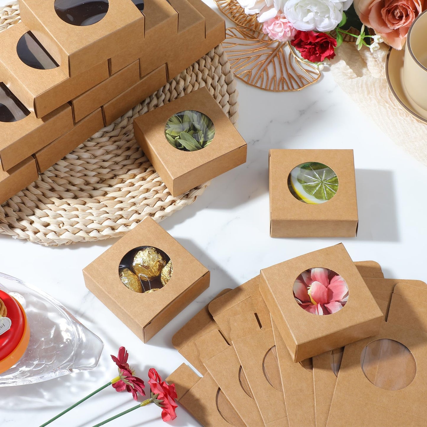 Afcabakila 100 Pcs Soap Boxes for Homemade Soap, Bulk Krafts Paper Boxes With Clear Window, 3x3x1.2 Inch Small Square Gift Packaging Boxe For Homemade Soap, Cookies, Candies, Jewelry and Party Favors