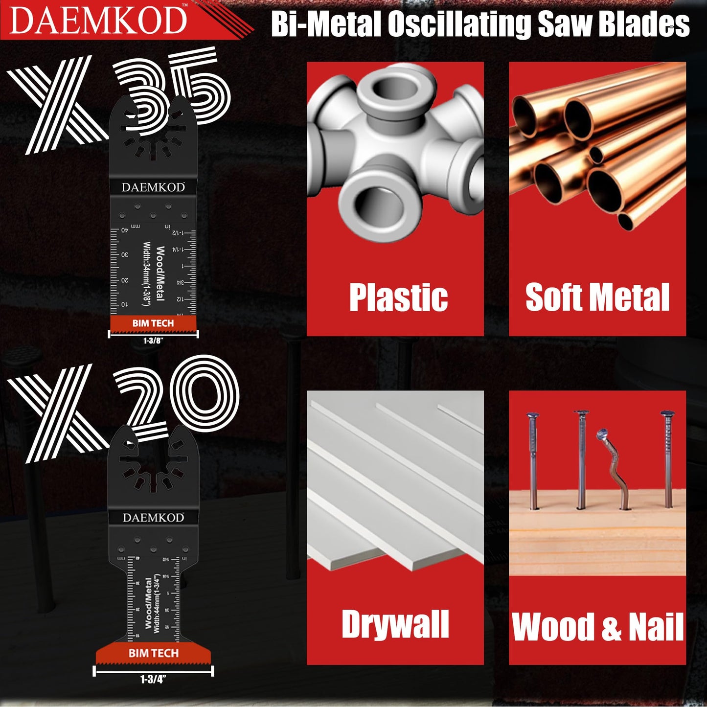 DAEMKOD 55 Pack Bi-Metal Saw Blades, Quick Release Multitool Blades for Soft Metal Hard Wood Plastic, 34MM and 44MM Multi Tool Blades Kits, Saw Bldes for Oscillating Tool Accessories