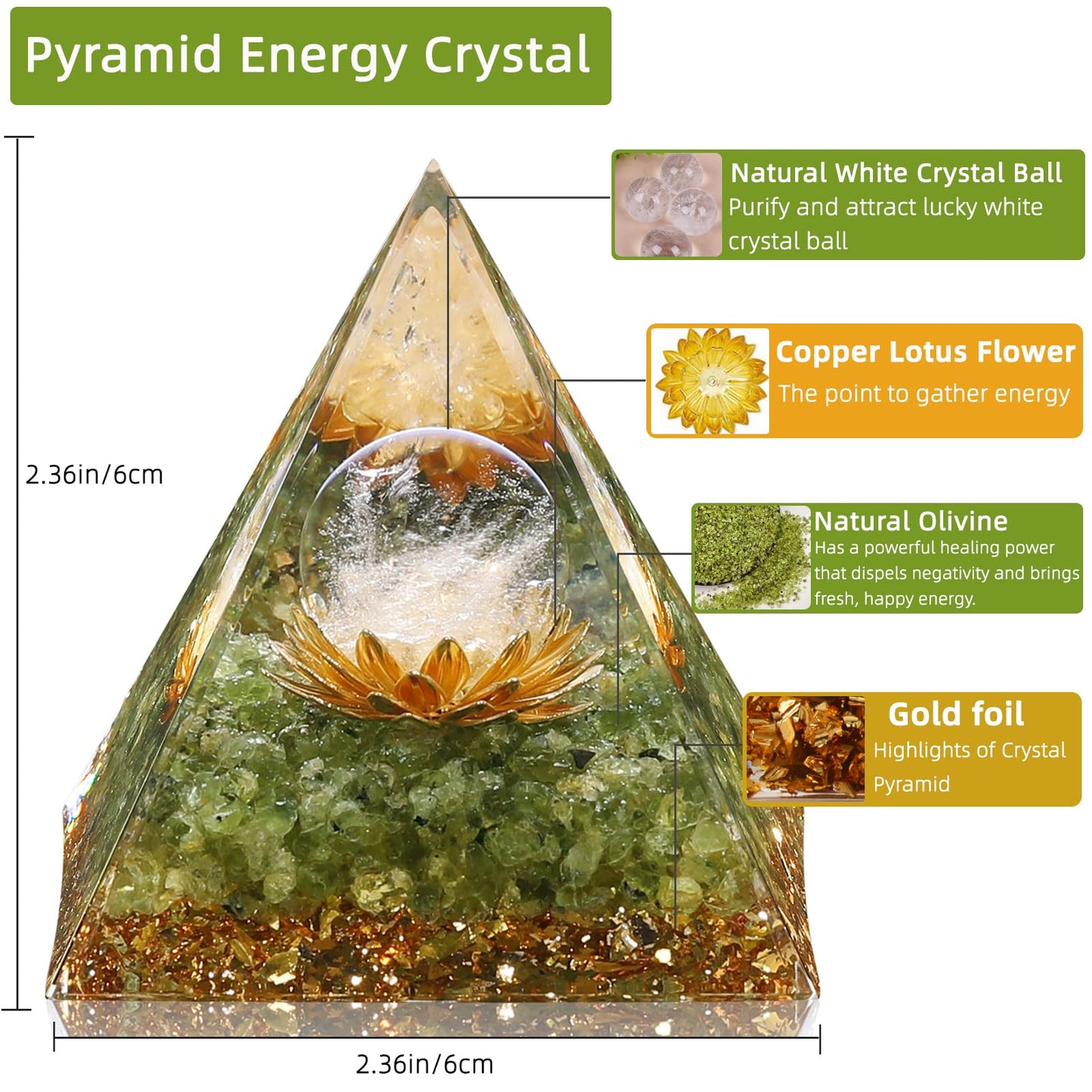 Hopeseed Orgone Pyramid for Positive Energy, Orgonite Natural Peridot&White Crystal Healing Crystals Pyramid for Reduce Stress Chakra Reiki Healing Meditation Cleanses the Mind and Boosts Confidence