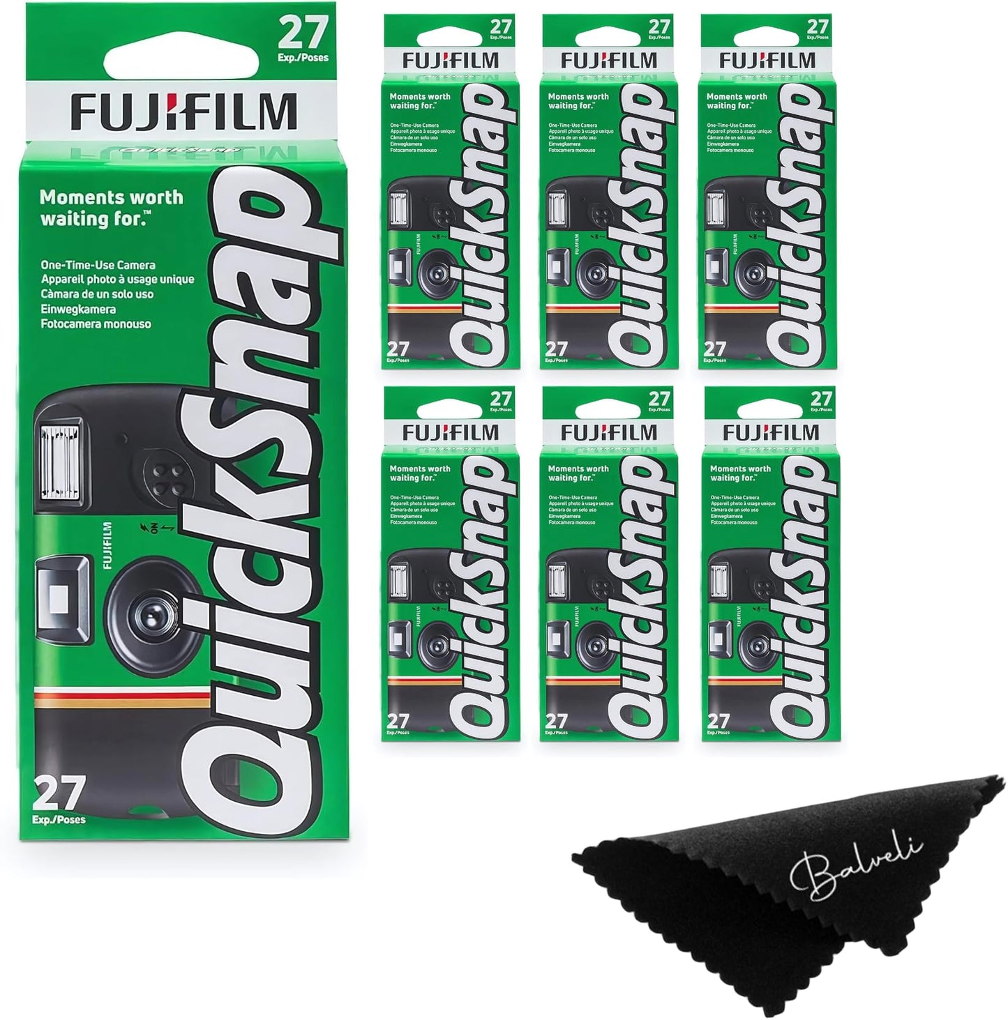Fuji Film Quicksnap Flash Disposable Camera 400 Iso, 6 Pack, 35mm 27 Exp,with Balveli Coth, Fuji Film Disposable Camera Bulk, 6 Pack of Fuji Disposable Cameras.
