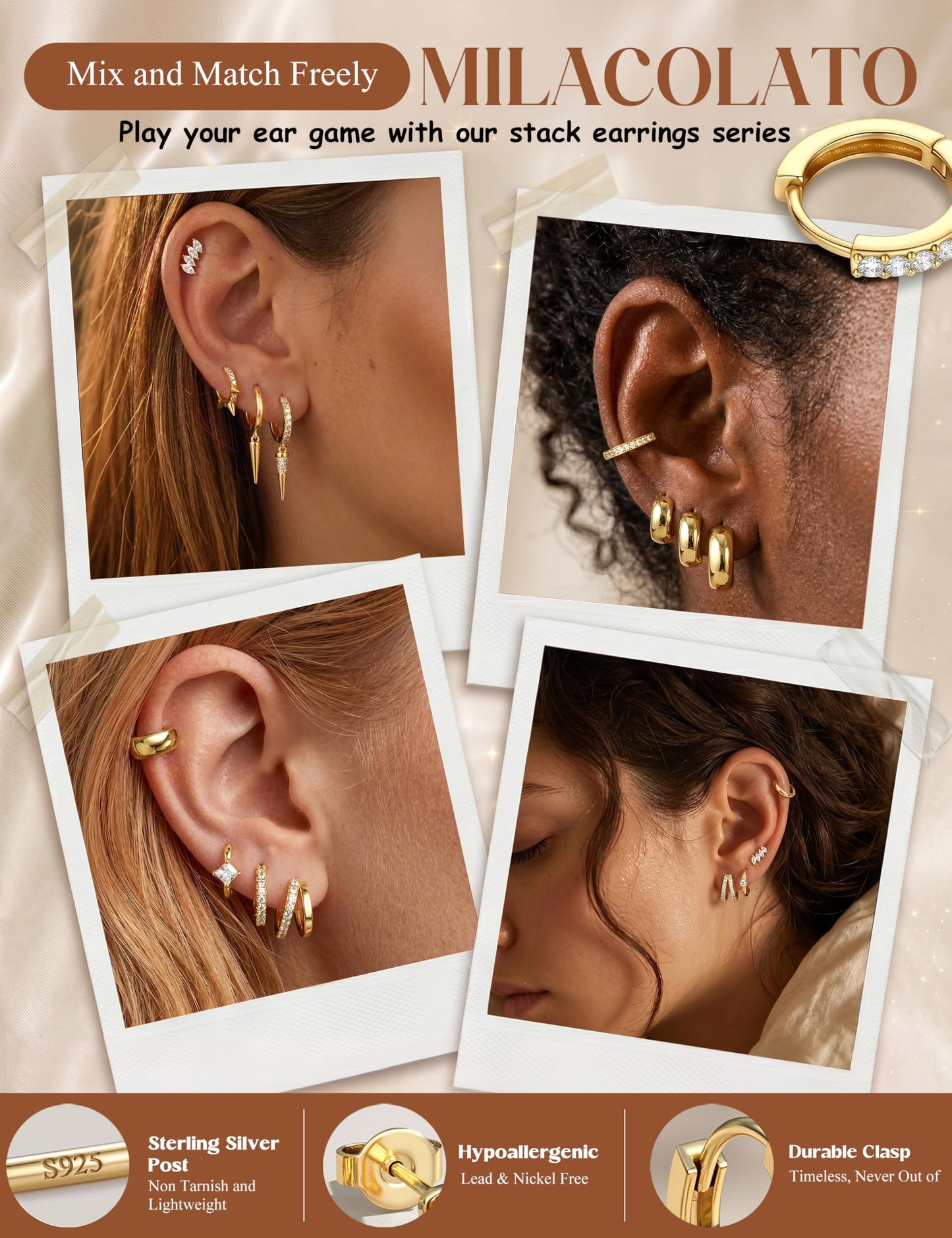 MILACOLATO 925 Sterling Silver Earrings for Women, 14K Gold Plated Small Huggie Hoop Earrings, Single CZ Double Hoop Earrings Stacks Trendy Jewelry Gifts