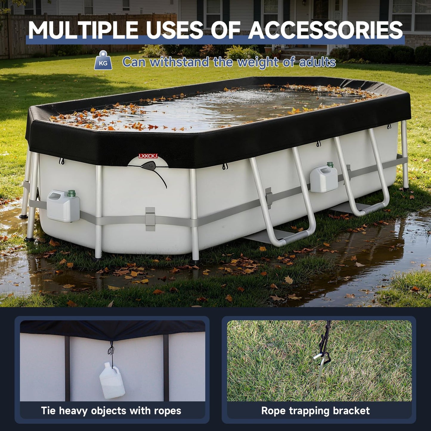 LXKCKJ 7x10 FT Rectangular Pool Cover for Above Ground Pool, Solar Oval Pool Cover Protector, Winter Pool Cover with Accessories Set Ideal for Cold and UV Resistant, Dustproof (Black)