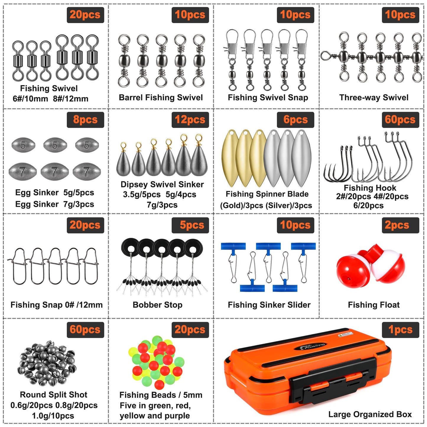 PLUSINNO Fishing Gear Accessories Kit, 253PCS Fishing Tackle Box with Tackle Included, Fishing Hooks, Fishing Weights Sinkers, Spinner Blade, Fishing Equipment for Bass Trout Bluegill Crappie