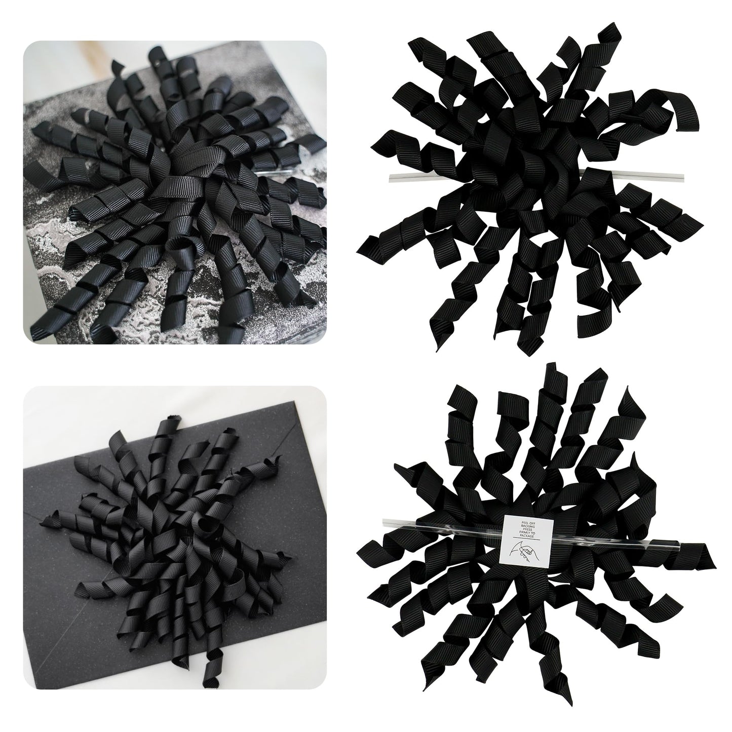 AIMUDI Black Bows 4" Black Burst Bows Self Adhesive Curly Ribbon Bows for Gift Wrapping Grosgrain Ribbon Twist Tie Bows for Treat Bags Gift Bags Christmas Wedding Party Decorations - 6 Counts