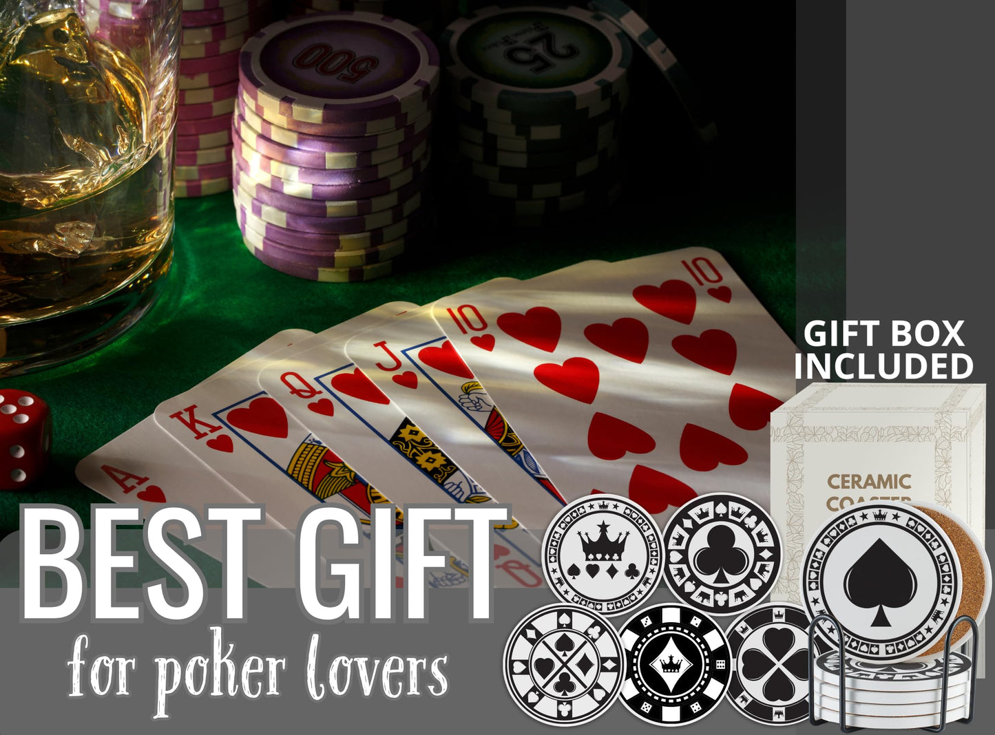 Onebttl Poker Gifts, Funny Casino Gifts for Poker Lovers, Poker Gifts for Men, 6pcs Pack Bar Coasters, Ceramic, Absorbent with Cork Base