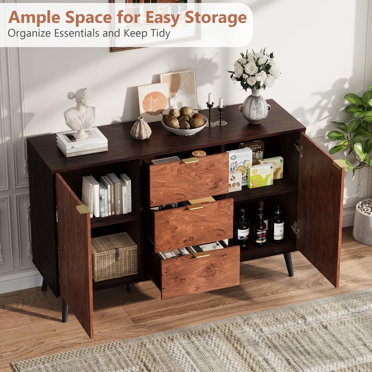 GarveeHome Buffet Cabinet with Drawers and Storage, 51.2 in Large Sideboard Buffet Credenza Storage Cabinet with Shelves and Doors, Walnut Buffet Cabinet for Dining Room, Entryway, Living Room