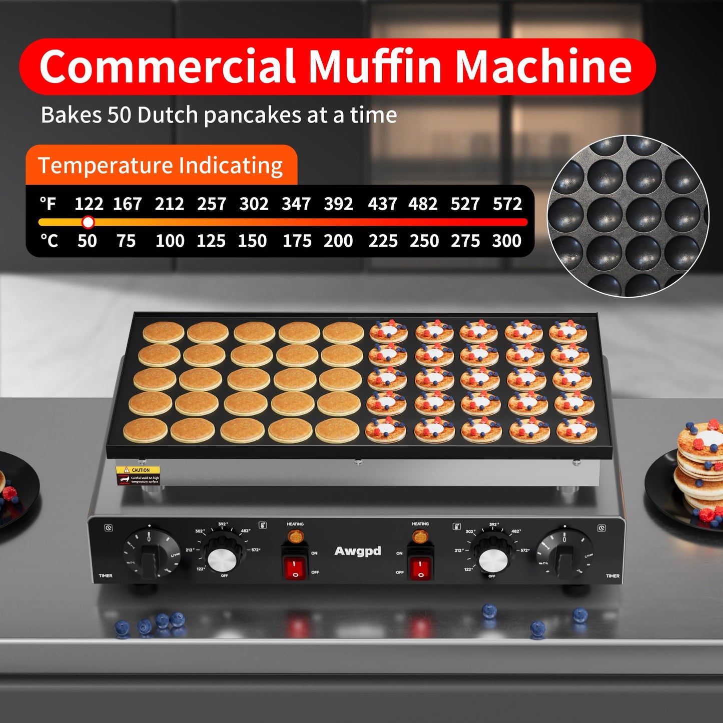 110V Mini Dutch Pancake Baker, 50PCS 1700W Commercial Electric Nonstick Waffle Maker Machine, 2 Timers Separate Control& 1.8 Inches Pancake Maker with 2 Thermostats, for Home and Restaurants