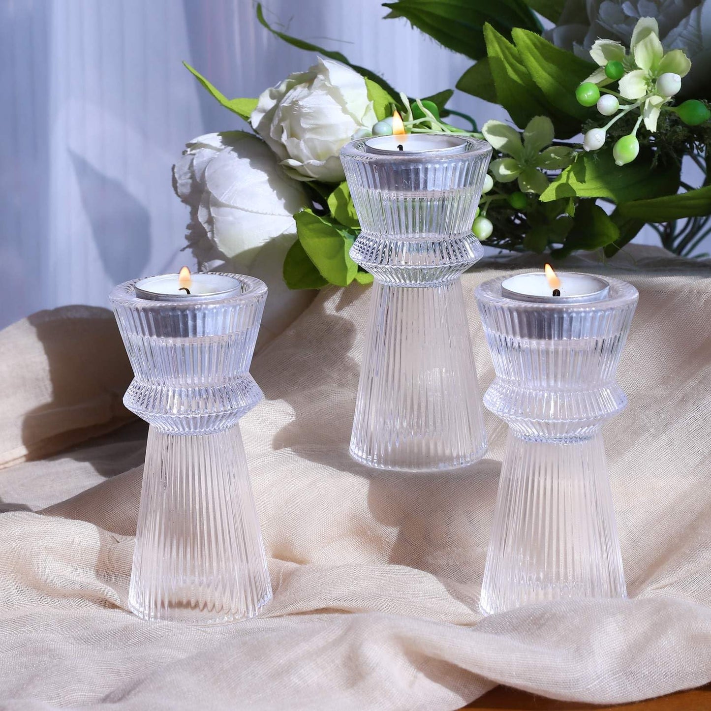 VOHO Clear Ribbed Taper Candle Holders Set of 3, Minimalist Style Glass Candle Holder for Candlesticks and Tealight Candles, Classy Candlestick Holders for Bridal Shower Wedding Decor/Birthday/Holiday