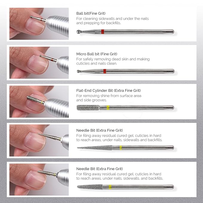 MelodySusie 10pcs Nail Drill Bits Set, 3/32 Inch Diamond Cuticle Nail Bits Kit for Nail Drill E-File, Manicure Pedicure Remover Tools for Acrylic Gel Nails, Salon Home Nail Care Supplies, Silver