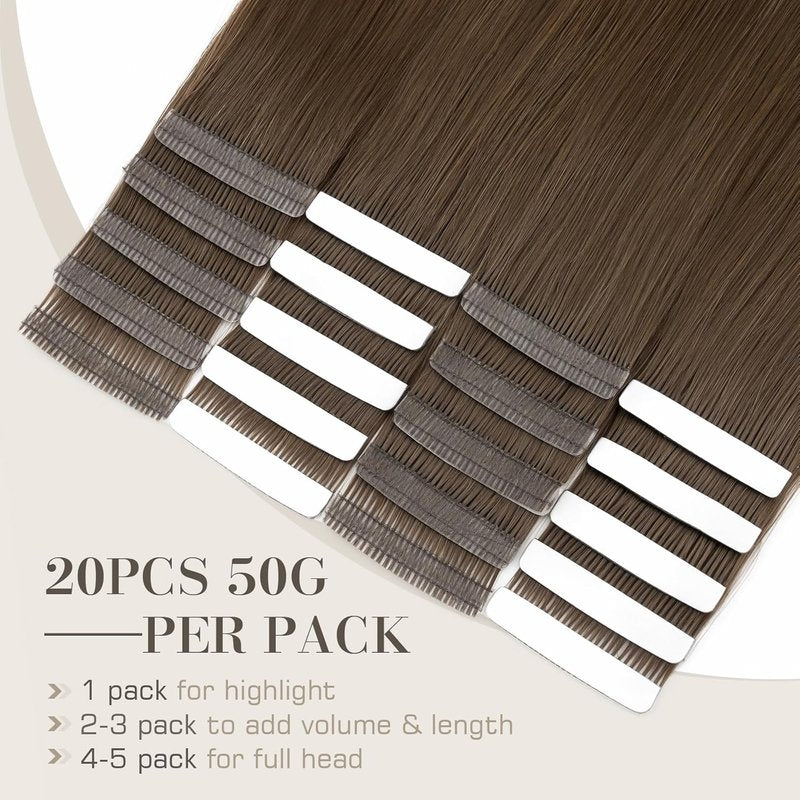 Tape In Hair Extensions - 18 Inch Human Hair, Seamless & Invisible | 50g, 20pcs (#2 Dark Brown)