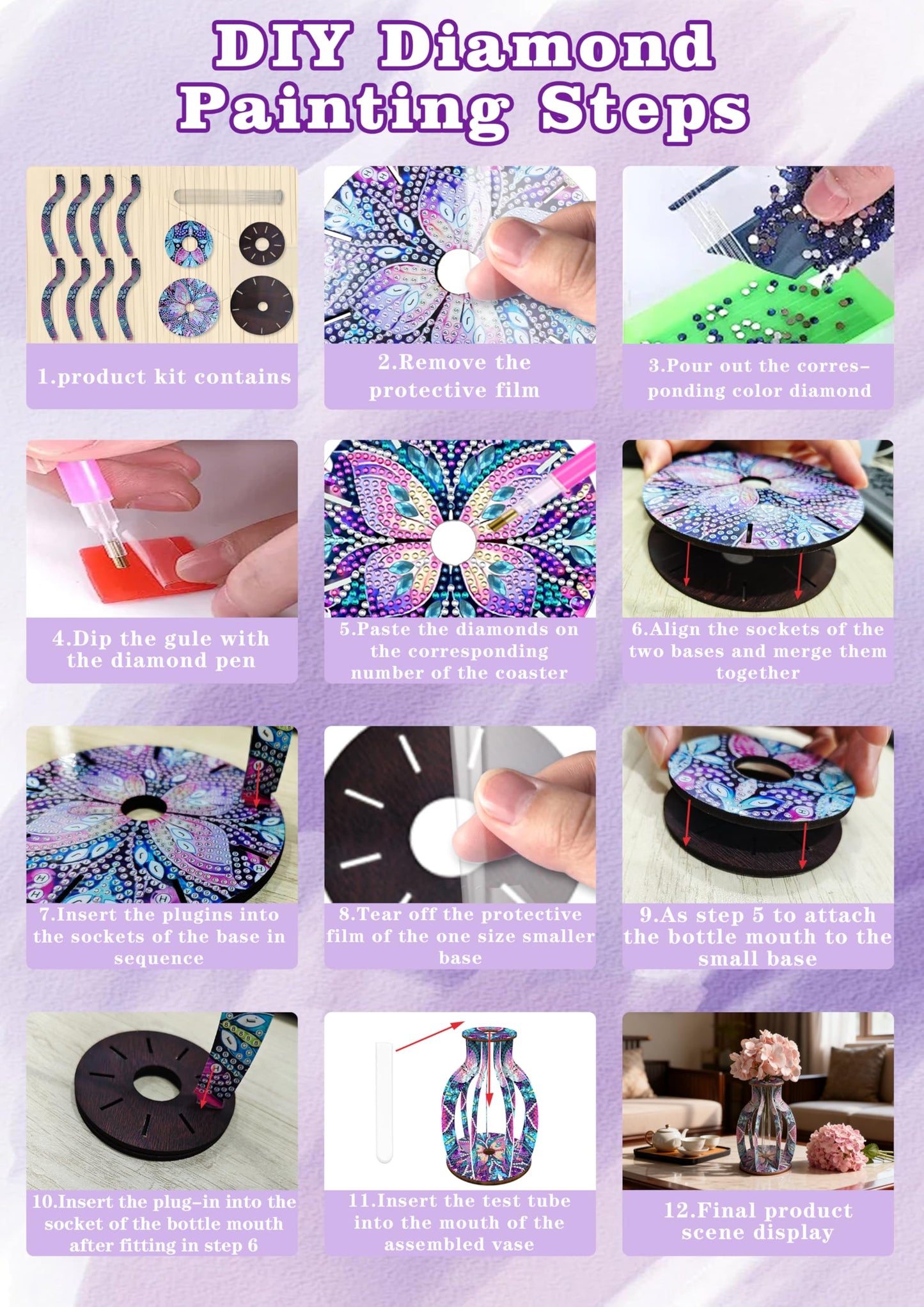 Diamond Art Kits for Adults,5D DIY Vase Flowers Spring Painting Kit Full Drill Gem Art with Painting Kits Creative Diamond Dots for Weddings Living Room Home Decor Coffee Desktop Female Gifts,Purple