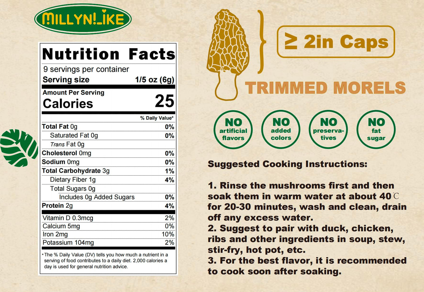 MillynLike Dried Morel Mushrooms Trimmed Stems & Large Caps (2+ Inches) | 2oz Gourmet Morchella Conica, Premium AAA Grade100% Natural without additives for cooking
