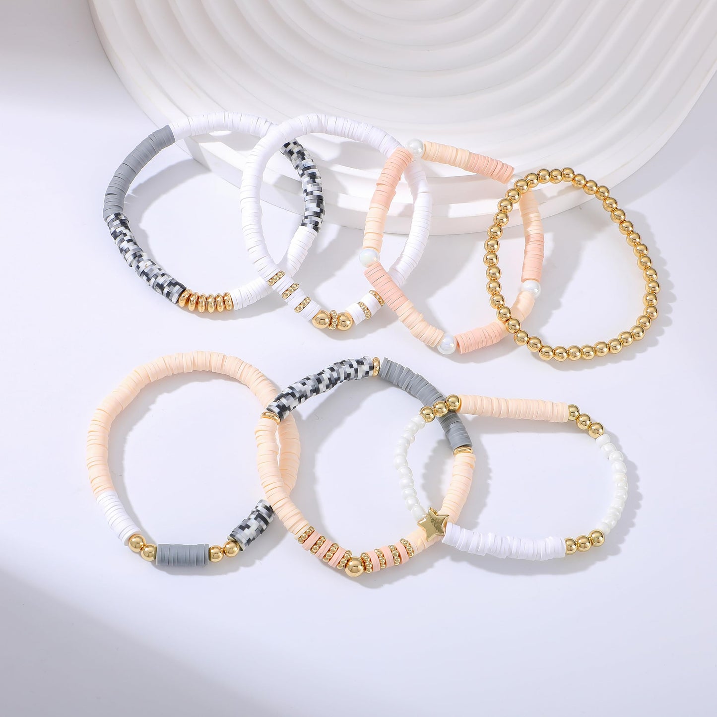RISHEGAE Heishi Beaded Stretch Bracelets for Women Stackable Gold Polymer Clay Beads Bracelets Friendship Boho Summer Beach Bracelet Jewelry Set (F-H grey white)
