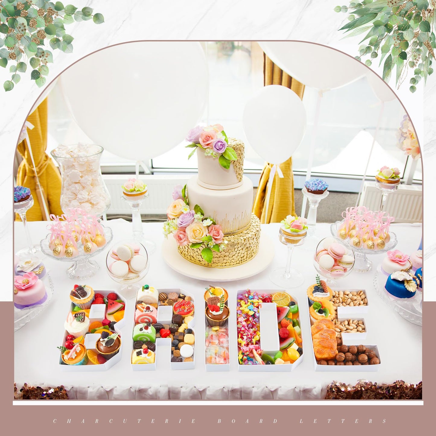 DoubleFill 5 Pcs Bride Charcuterie Letters Fillable, No Assembly Required Charcuterie Board Box Letter for Baby or Wedding Bridal Shower Food Trays Decorations, 10 x 8.27 x 1.18 Inch