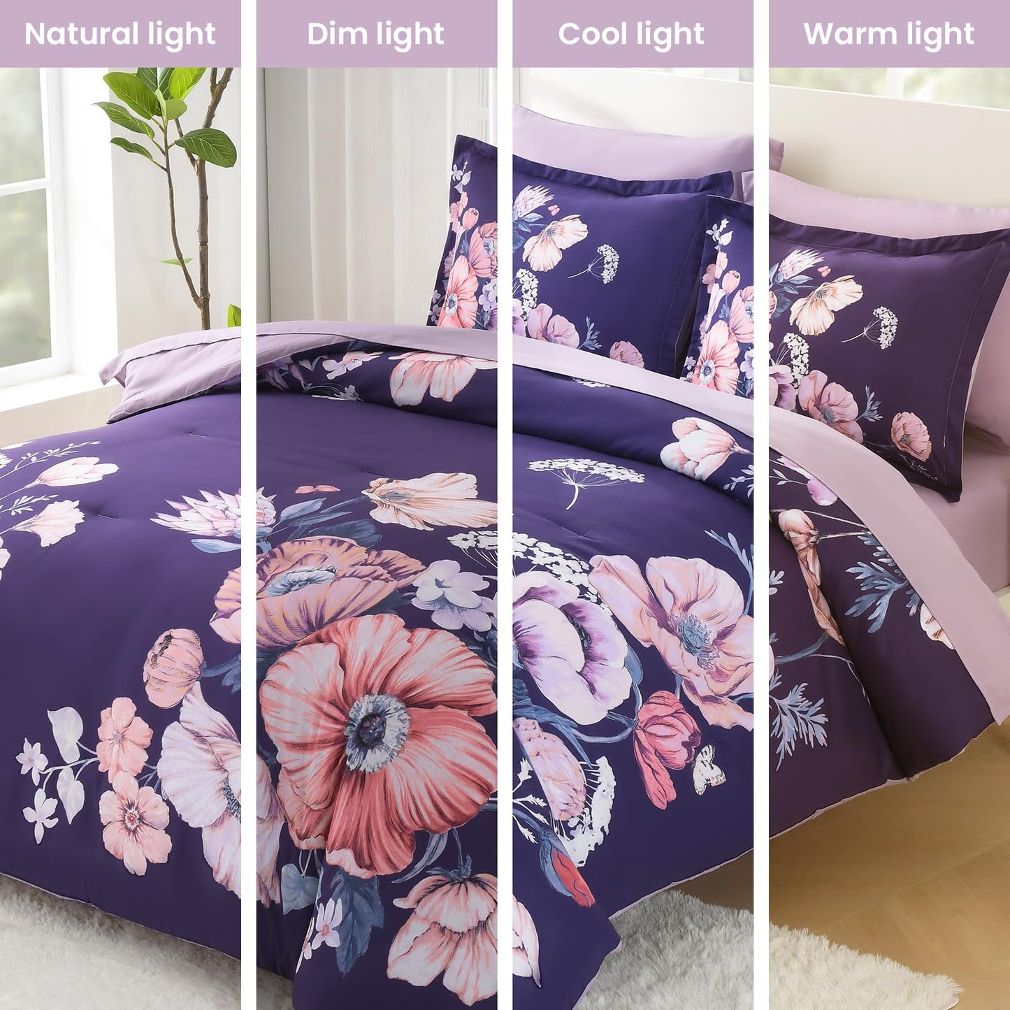 LLDSYW Queen Comforter Set - 7 Pieces Bed in a Bag Dark Purple Floral Queen Comforter Set with Sheets, Soft Microfiber Flower Complete Bedding Set for All Seasons（Dark Purple,90"x90"）