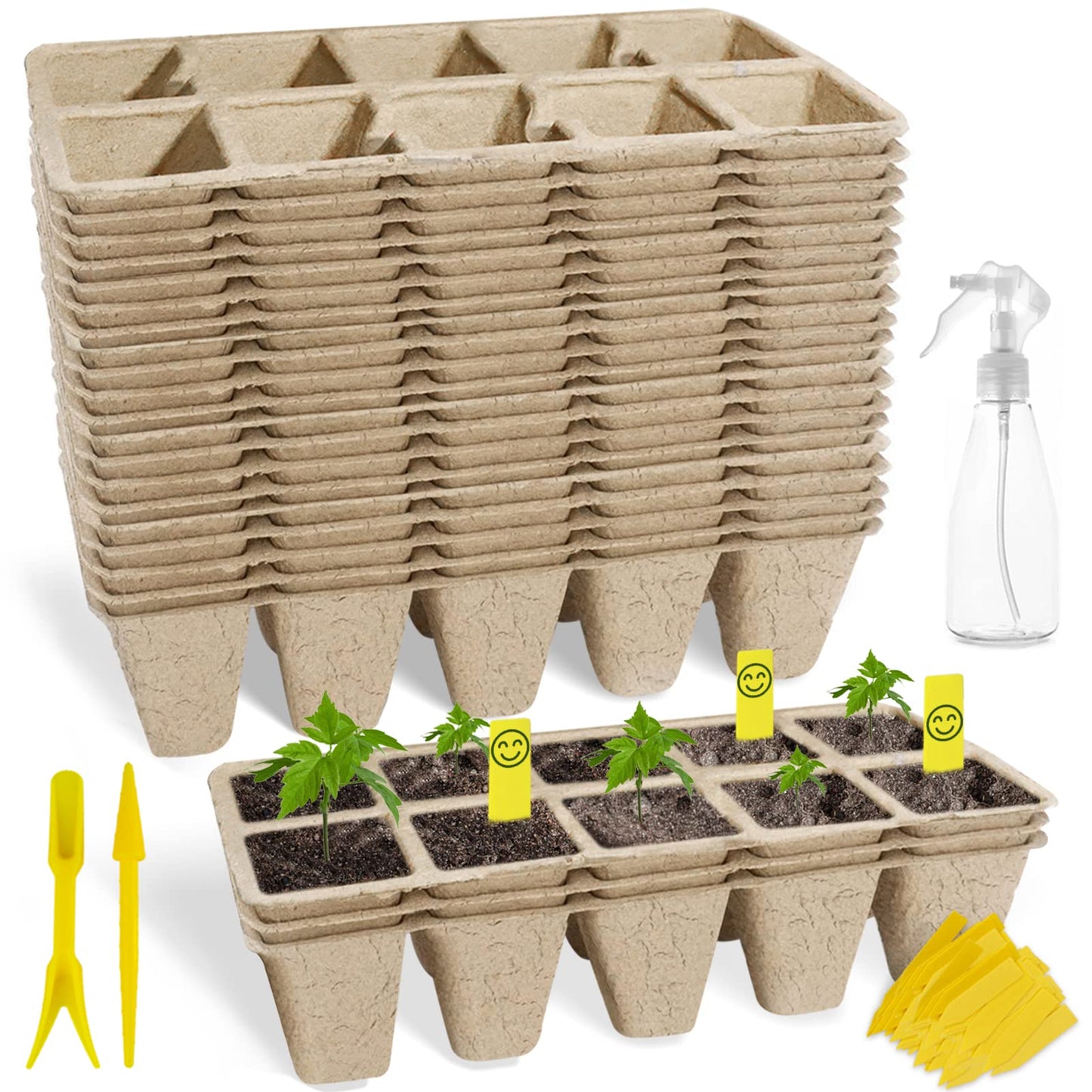 SYITCUN 200 Cells Seed Starter Tray, 20 Pack Biodegradable Seed Starter Kit, Peat Pots for Seedlings with 200 Plant Labels, 2 Seed Planting Tool and 1 Spray Bottle