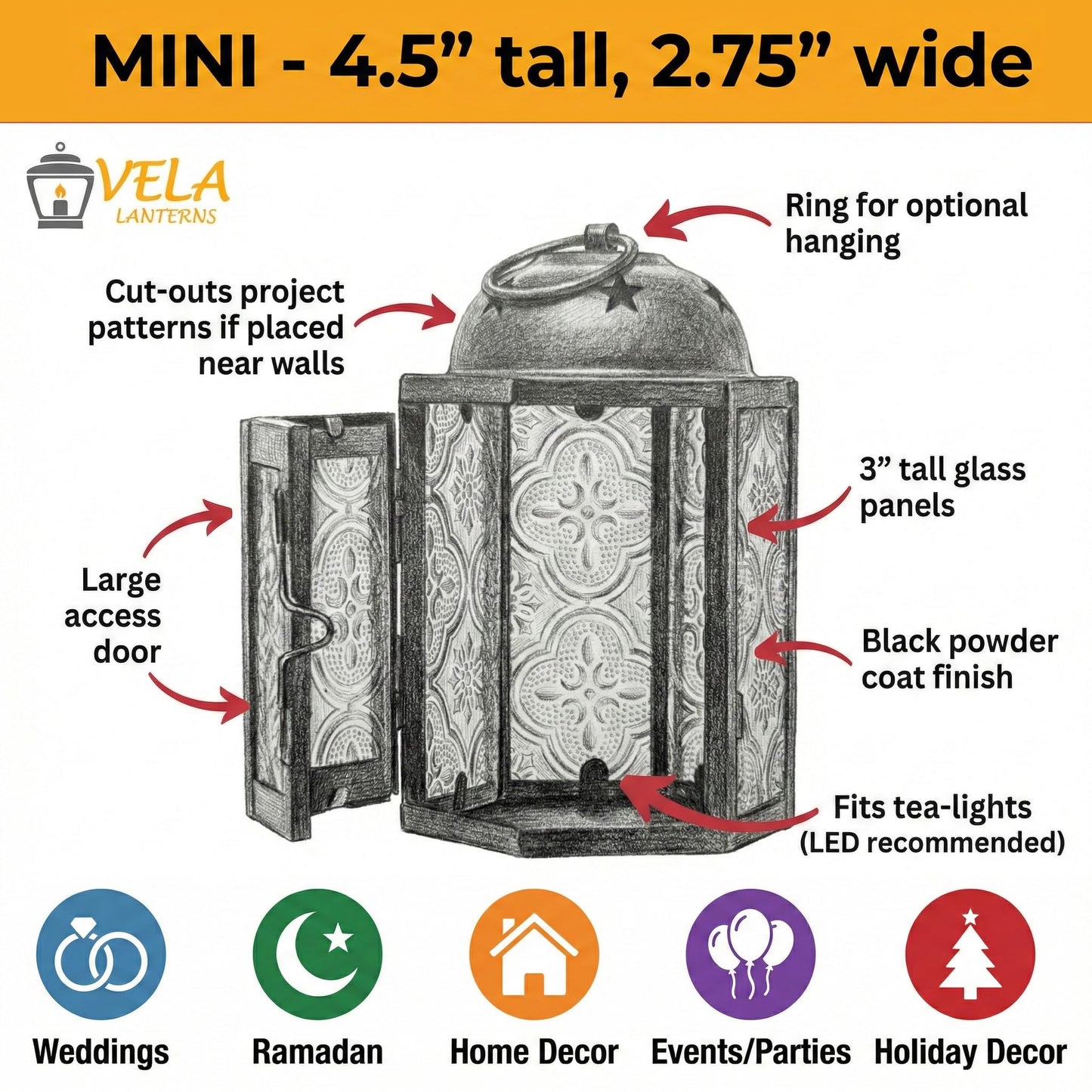 VELA LANTERNS Mini Moroccan Tea Light Candle Holder Lanterns – 4.25" Small Decorative Lantern for Table or Hanging, Metal with Glass Panels – Ramadan, Wedding, Home Decor, Ruby Red (Set of 4)