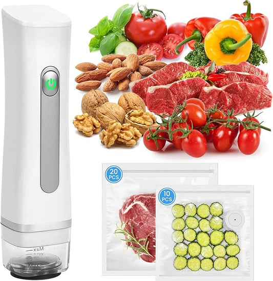 Compact Vacuum Sealer for Food, Handheld Visible Water Tank Vacuum Sealer with 30 Pcs Reusable Sealer Bags, Kitchen Storage and Preservation Seal Meal Saver Portable Food Sealer, White