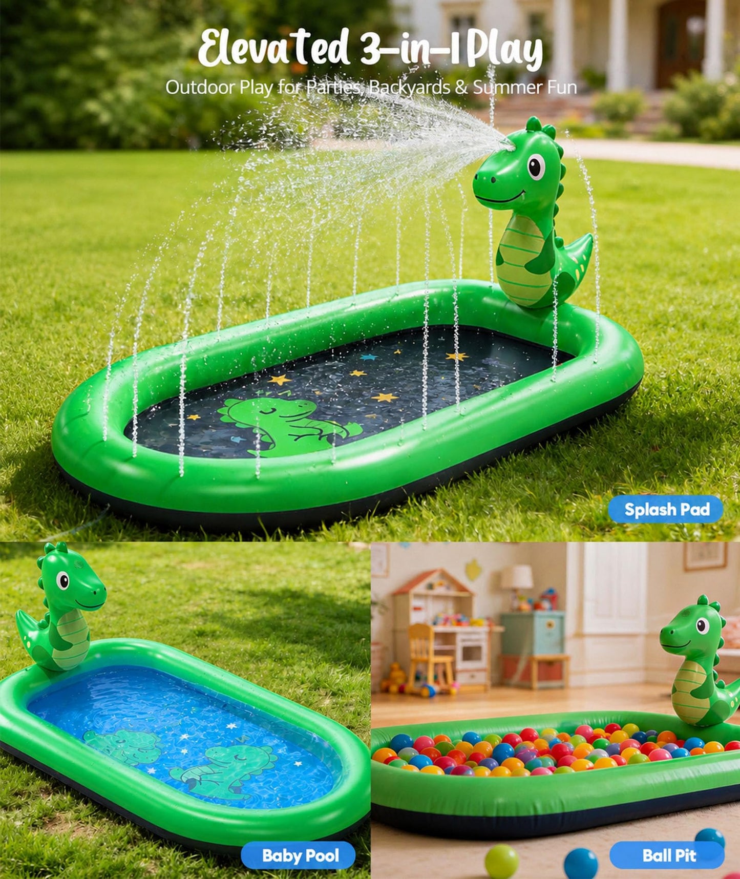 Thrillza Splash Pads for Toddlers, Dinosaur Baby Pool & Water Mat for Babies, Inflatable Splash Pad Water Toys Outdoor Kids Pool for Toddlers, Outside Toys for 1 Year Old Boy Birthday Gifts