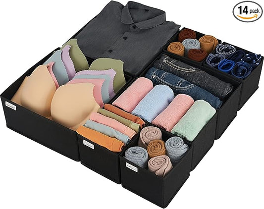 Criusia 14 Set Underwear Drawer Organizer, Foldable Underwear Drawer Organizer and Closet Dividers,Storage Box for Clothes, Socks, Underwear