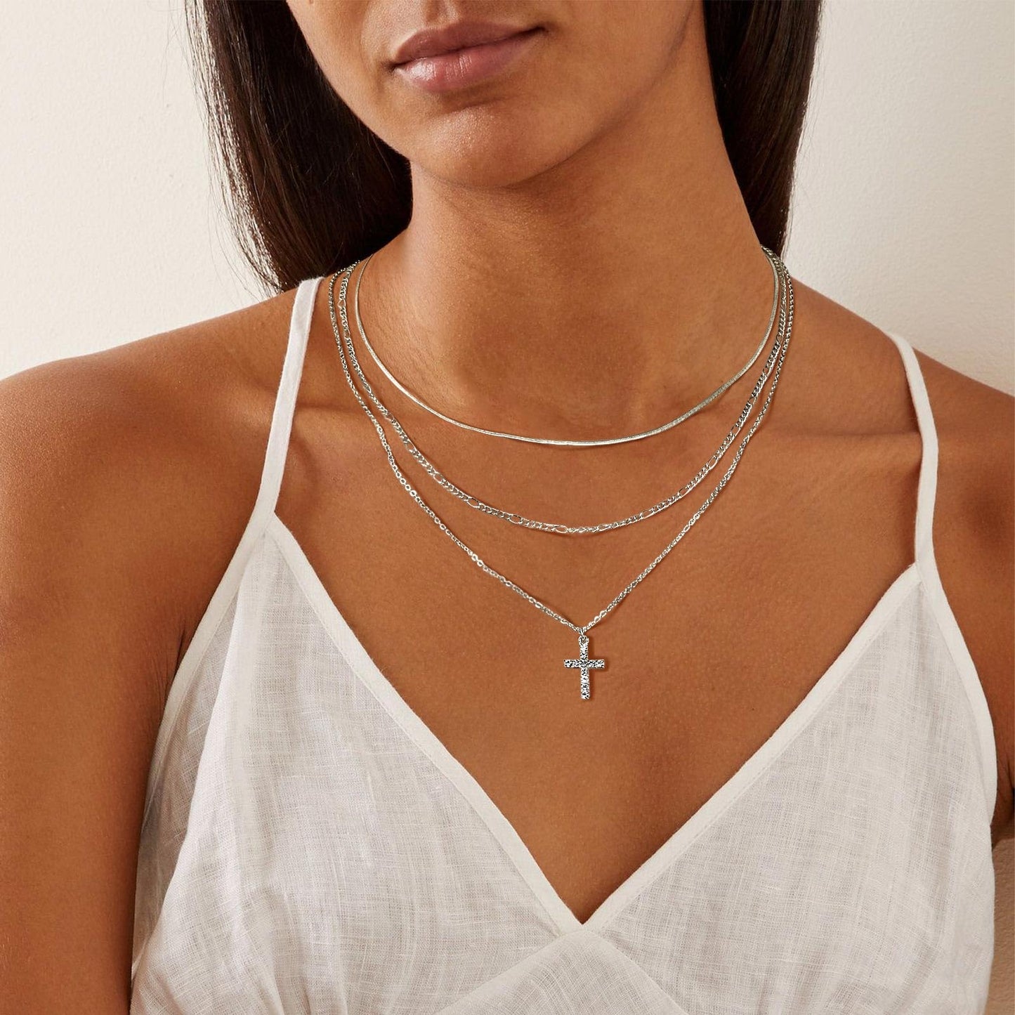 LANE WOODS 3-Piece Gold Layered Necklace Set for Women, 14k Gold Plated CZ Cross Pendant Choker, Dainty Stackable Adjustable Trendy Jewelry Gift for Wife Mom