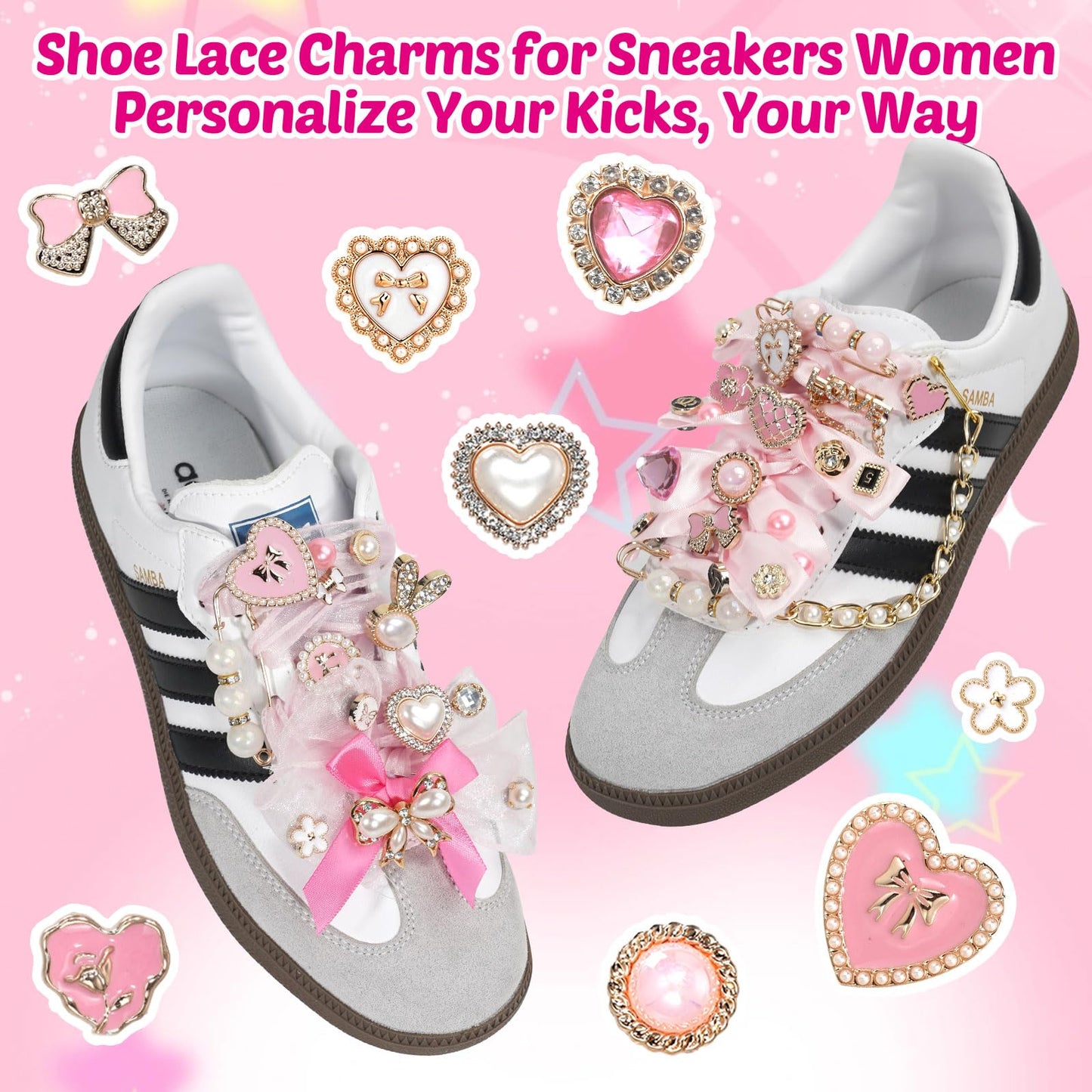 Lugailly Shoe Charms for Sneakers, Junk Socks Charms Kit, 100 PCS Pink Sneaker Charm for Women Teen Girls with Satin & Lace Shoelaces, Cute Shoelace Charm for Shoe Jewelry Decoration Accessories