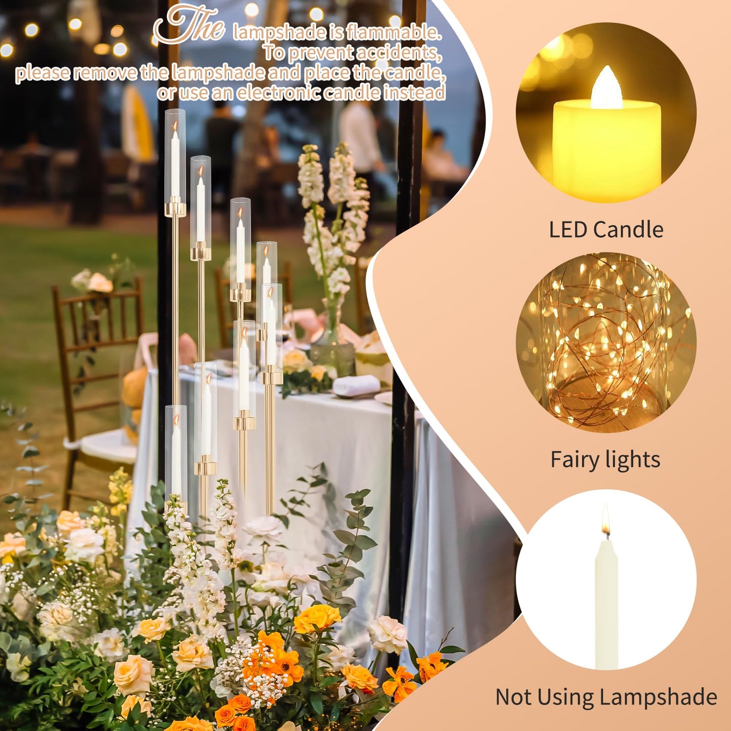 2 Sets Gold Candelabra,8 Arm Candlestick Holders with Acrylic Shades, 44'' High Large Floor Candle Holders for Wedding Centerpieces Table Decorations Fit 0.9" Candles and LED Taper Candles"
