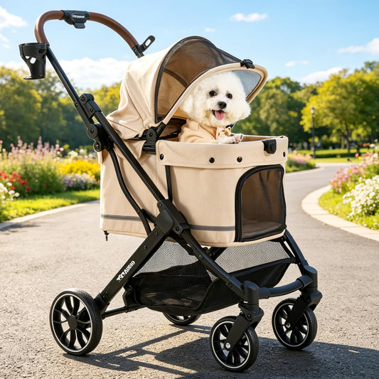 797Audio Dog Stroller for Small Medium Dogs,Pet Stroller for Cats Puppy Up to 121lbs,Foldable,One Click Folding,4 Wheel Shock Absorption,Adjustable Canopy with Sun Shades,Removable Washable Pad(Cream)