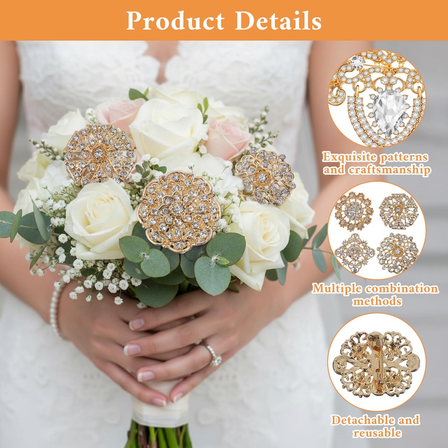 14 Pcs Crystal Flower Brooch Pin Sets Gold Crystal Brooches Pearl Wedding Bouquet kit Set for Women DIY Craft Party