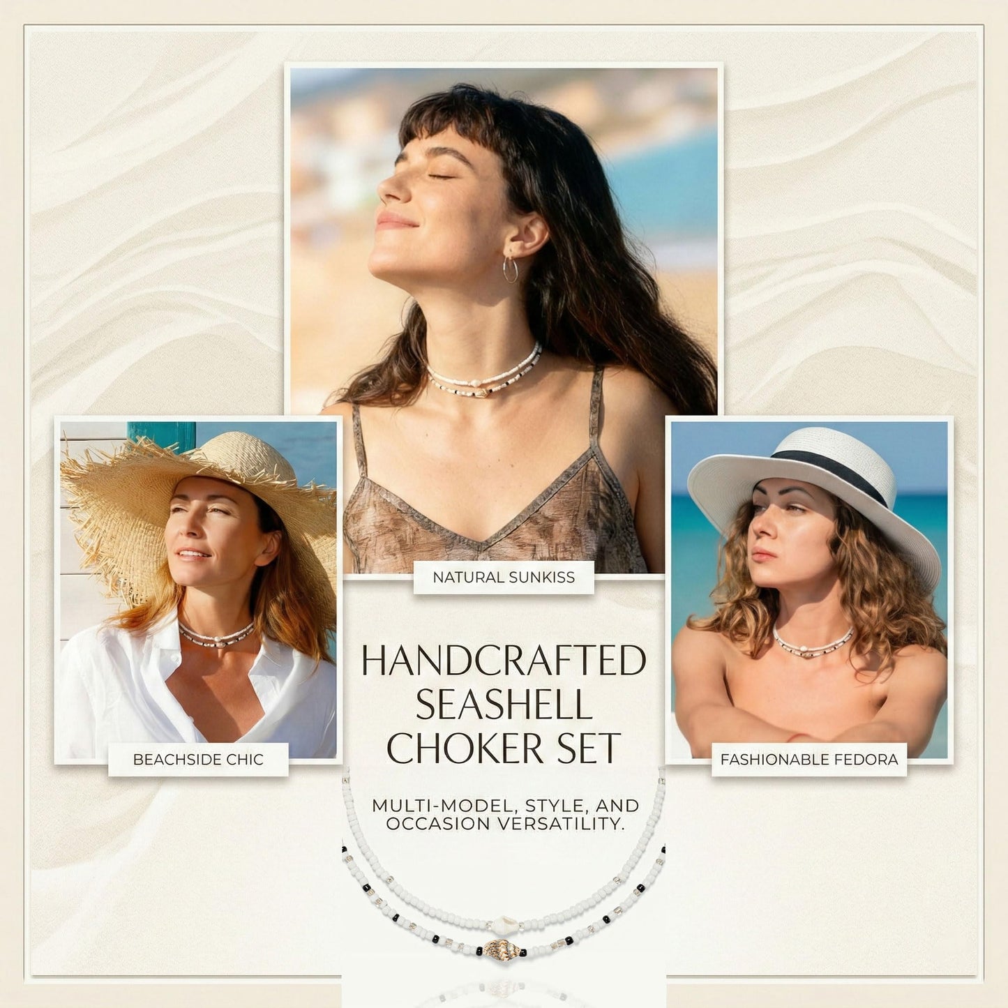 Lameybrt Cowrie Shell Surfer Necklaces, Hawaiian Beach Handmade Choker Set for Women, White Rice Bead with Black Accents, Bohemian Summer Seashell Choker 2 Piece Set, Perfect for Summer Beach Vacation, Birthday, Mother’s Day & Holiday Gifts (Shell 1)