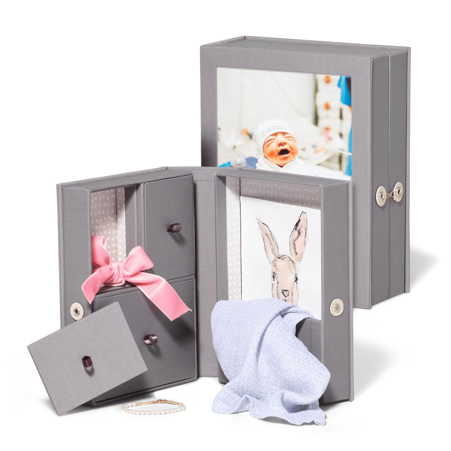Savor Small Baby Story Box Frame and Keepsake Box in One | Fabric Photo Frame with Keepsake for Newborn Picture, First Tooth, Hospital Bracelet, Sonogram, New Baby Announcement Gift
