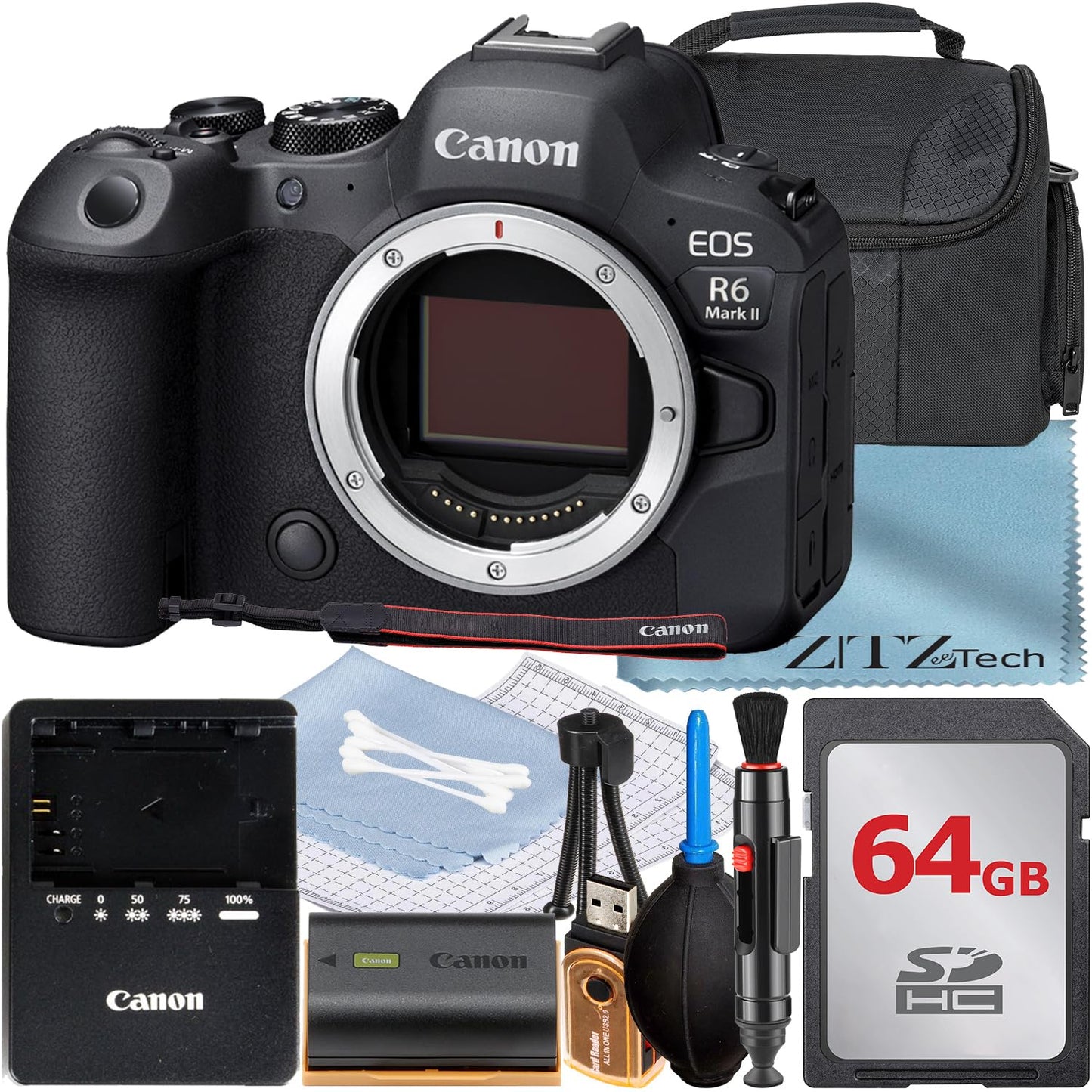 Canon EOS R6 Mark II Mirrorless Camera (Body Only) with 64GB Memory Card + Case + ZeeTech Accessory Bundle (Renewed)
