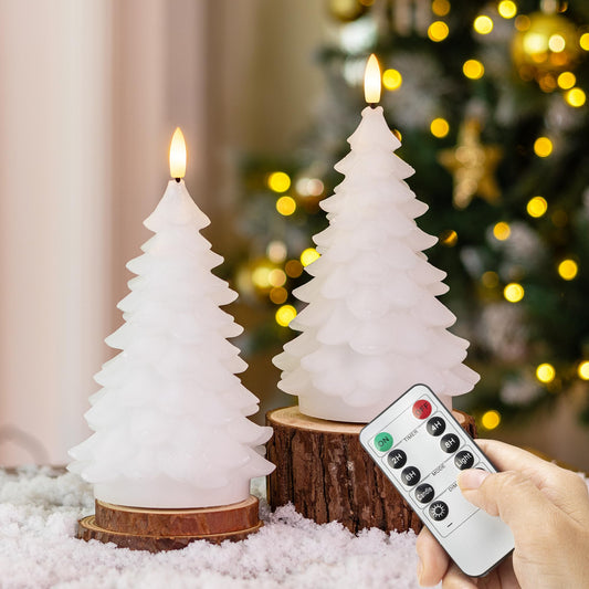 AFINETH Christmas Tree Candles with Remote, 2 Pack White Flameless Candles Battery Operated, Real Wax Flickering Christmas Led Candle Decorations for Winter Home Holiday Xmas Gift