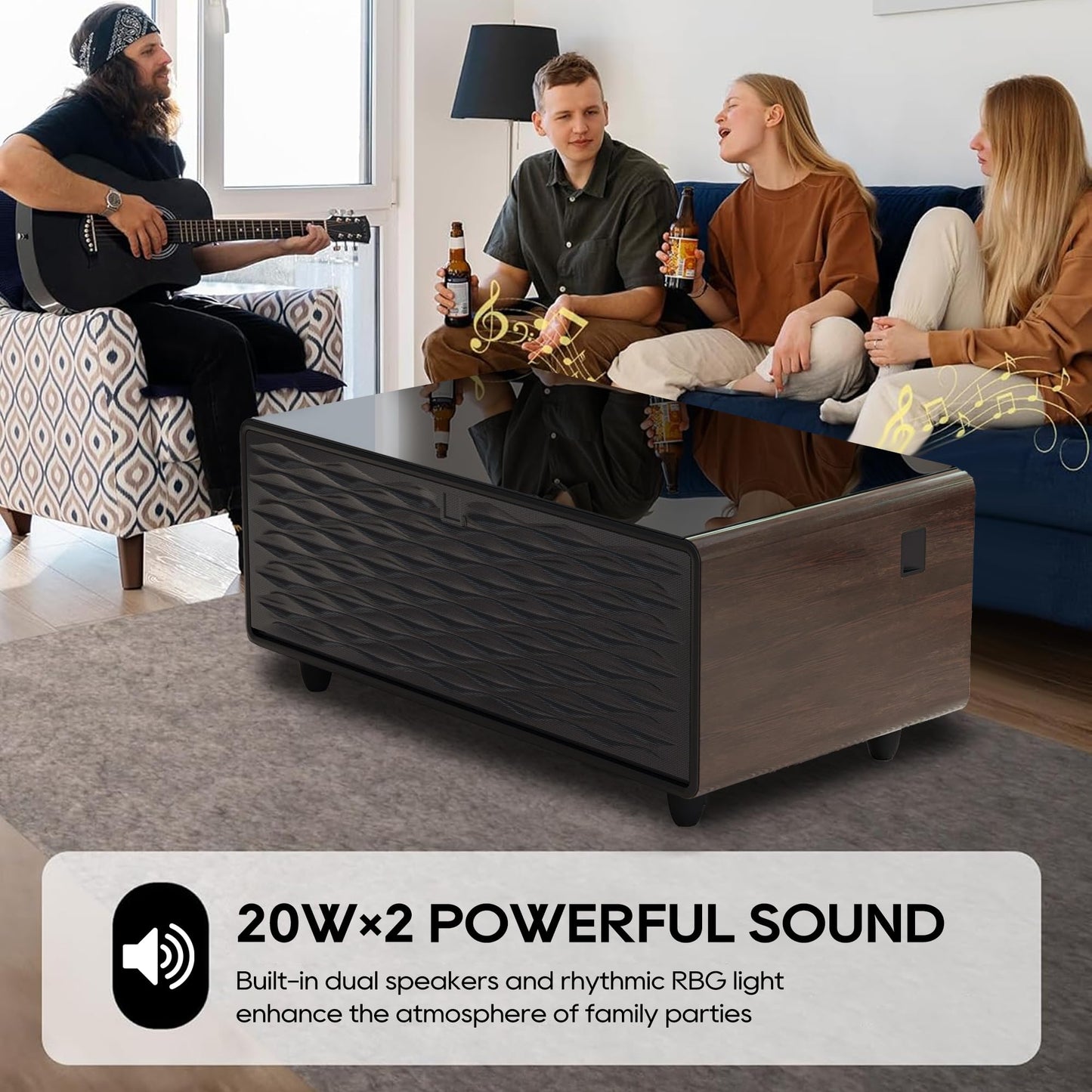 AXIOS Smart Coffee Table with Fridge Modern Smart Coffee Table with Built in Speakers and Wireless Charging for Living Room Table 23" D X 41.5" W X 18.2" H Dual USB and Type-C Charging Ports Brown