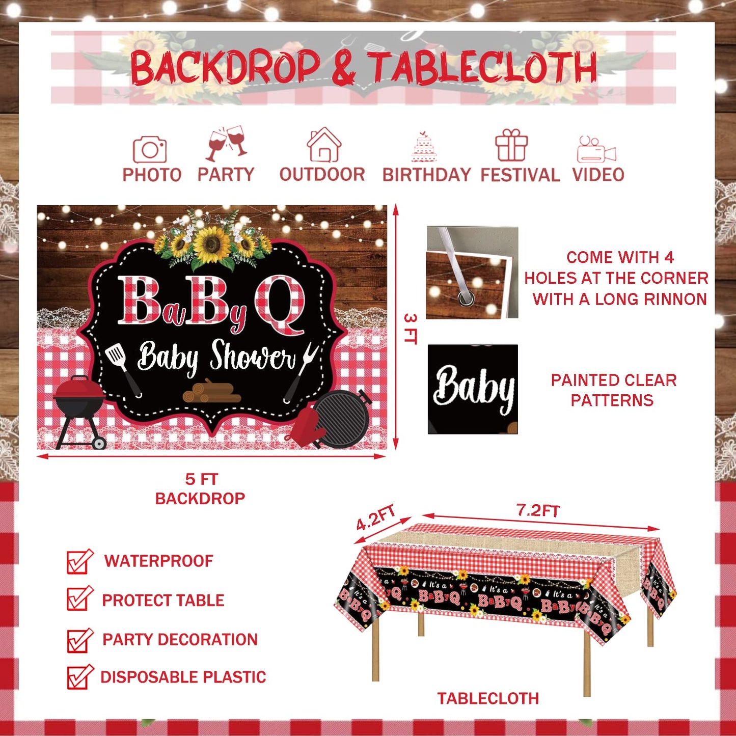 137 PCs BBQ Baby Shower Decorations, Hombae Its A Baby Q Baby Shower Decorations Backdrop Balloon Garland Banner Tablecloth Cake Cupcake Topper Boxes Cutout Barbecue Picnic Sauce Bottle Red Black