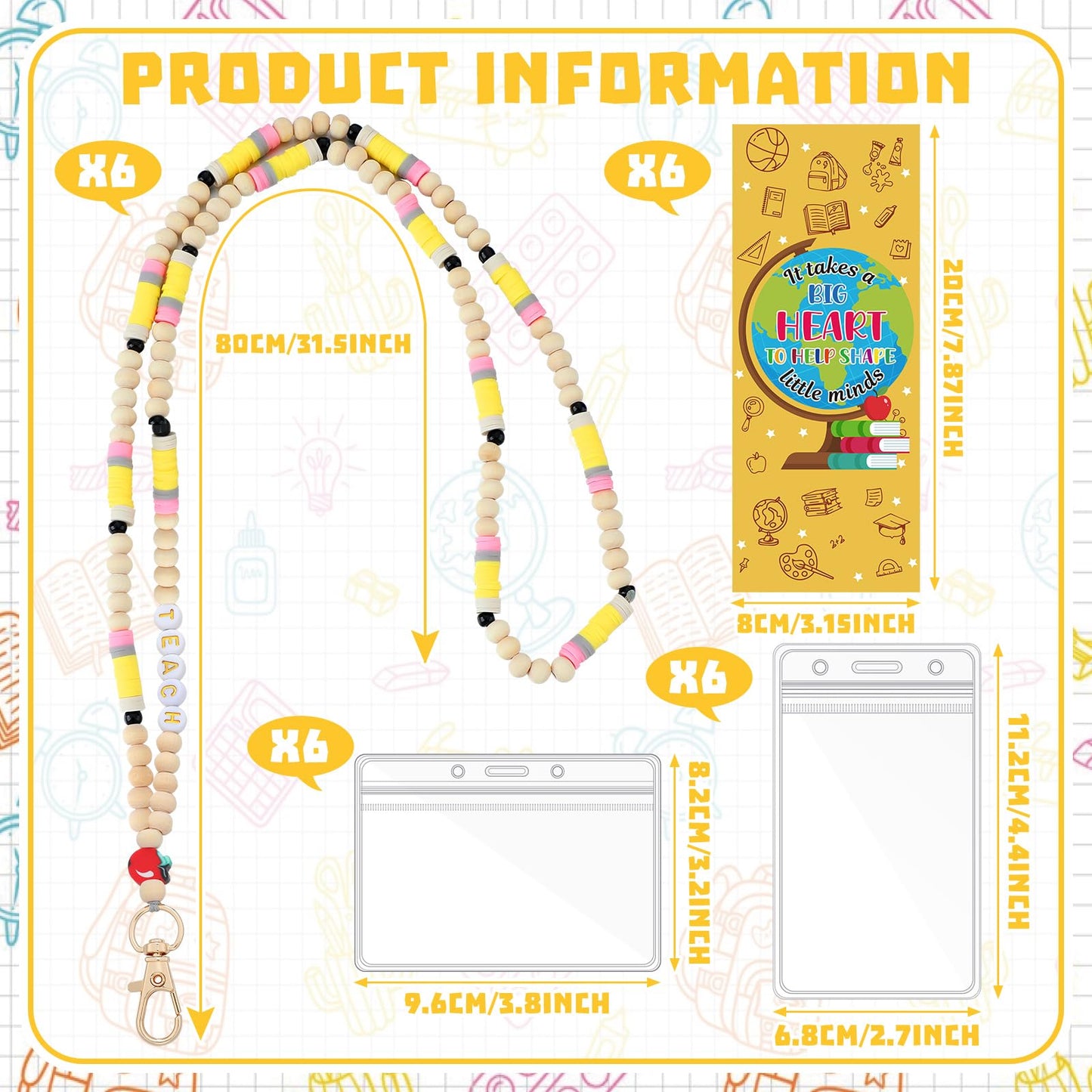 FineCheer 6 Sets Teacher Appreciation Gift Bulk Pencil Teacher Lanyard with ID Holder Back to School Thank You Cards Pencil Style Breakaway Beaded Lanyards for ID Badges Holder Office School Supplies