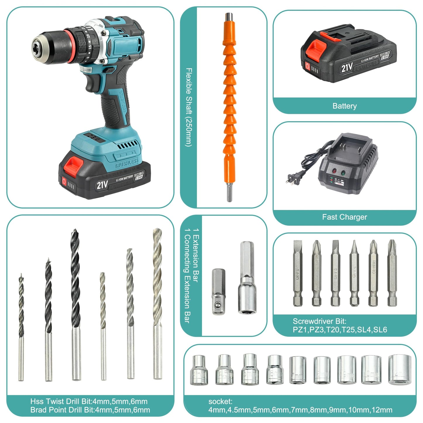 21V Max Brushless Cordless Drill Set, 1/2" Metal Chuck Impact Drill with 2x 2.0Ah Batteries & Fast Charger, 550 In-lbs Max Torque, 35+3 Torque Setting, 2-Speed Hammer Drill for Home Projects