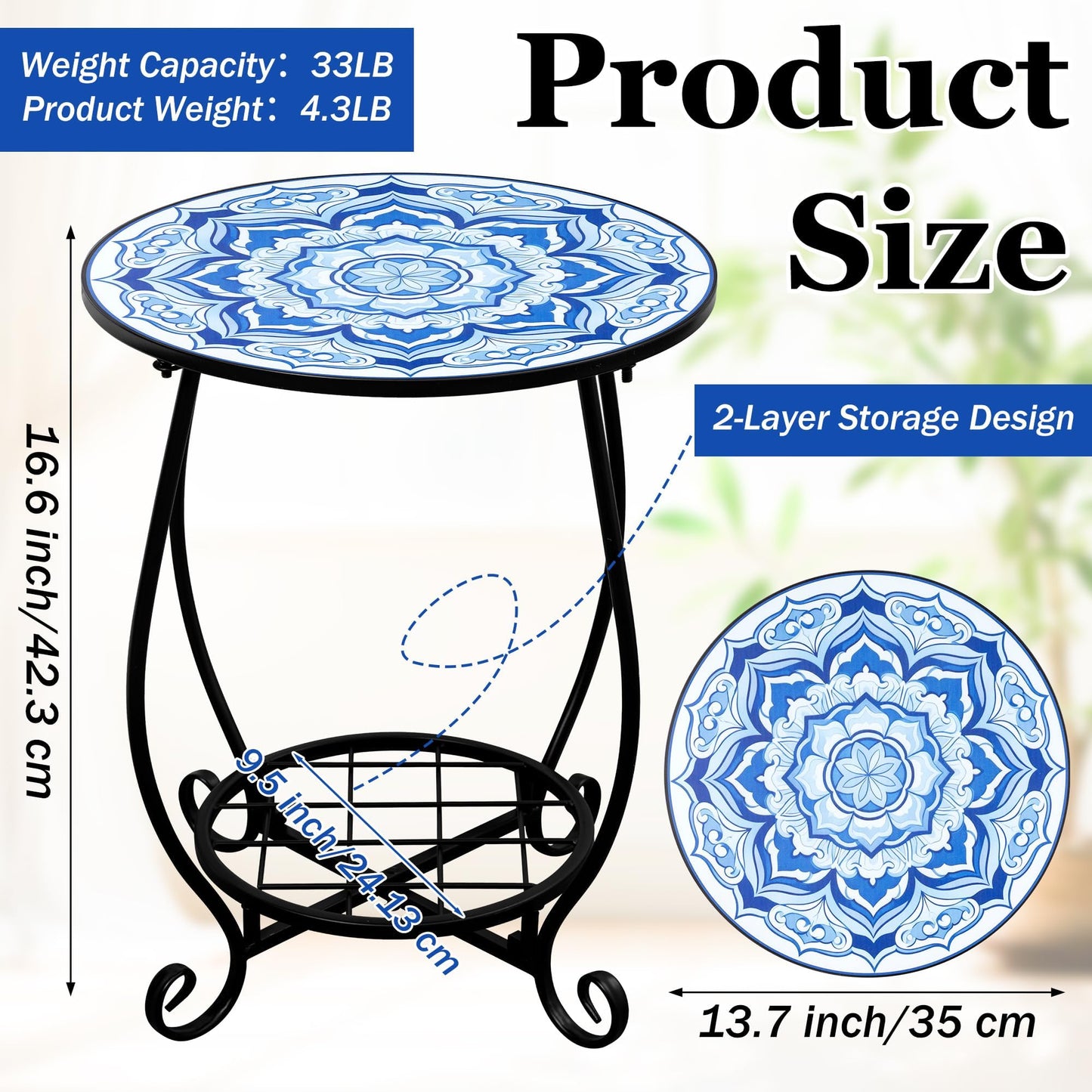 GudaAphrmix Mosaic Outdoor Side Table - Round Flower Patio Accent with Plant Stand, 14" Coffee Tea Metal Outside End Table for Yard Patio Porch Balcony Garden Indoor Living Room Bedroom Decor