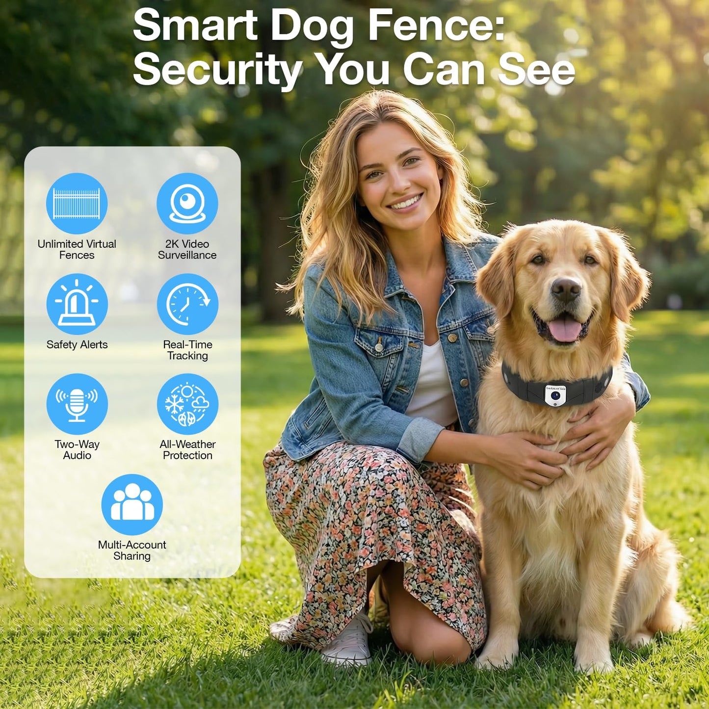 Wireless Dog Fence & GPS Dog Collar with Unlimited Virtual Fences, App-Controlled 2K Camera & Two-Way Audio, Outdoor Safe Containment & Waterproof, for Medium & Large Dogs